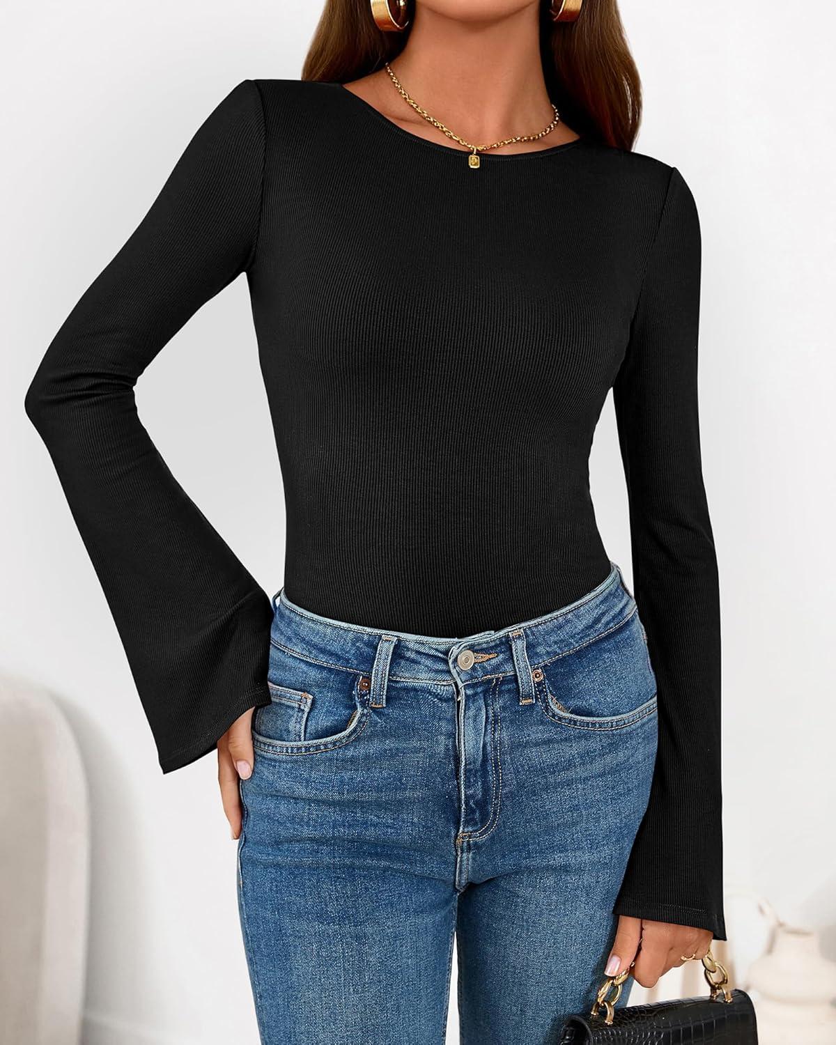 imageBTFBM Long Sleeve Shirts for Women 2026 Spring Y2K Clothes Casual Boat Neck Bell Sleeve Fitted Fall Going Out TopsBlack