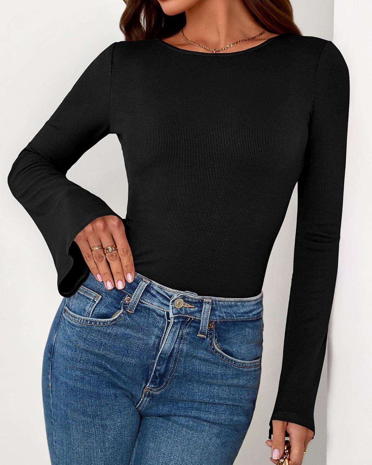 imageBTFBM Long Sleeve Shirts for Women 2026 Spring Y2K Clothes Casual Boat Neck Bell Sleeve Fitted Fall Going Out TopsBlack