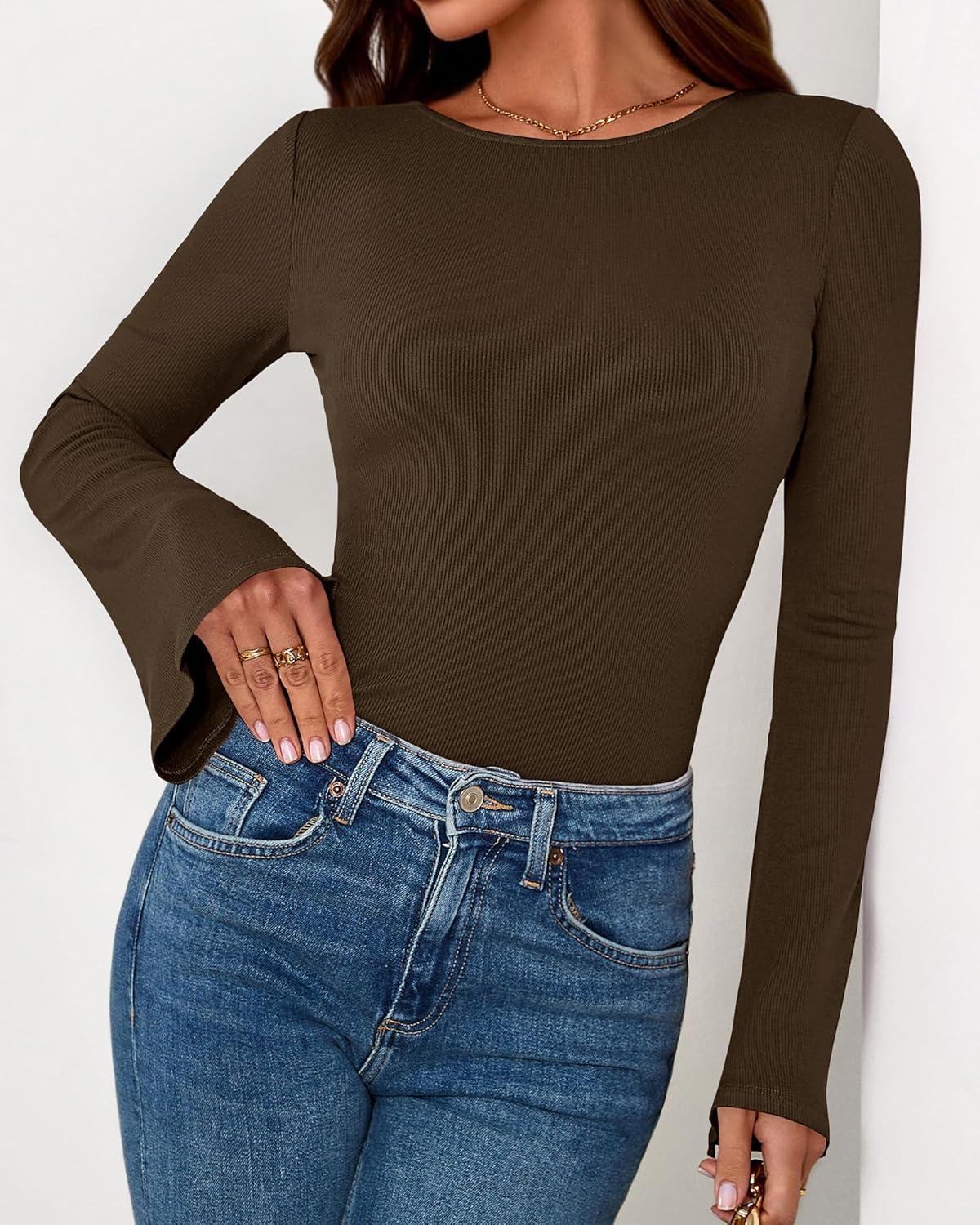 imageBTFBM Long Sleeve Shirts for Women 2026 Spring Y2K Clothes Casual Boat Neck Bell Sleeve Fitted Fall Going Out TopsBrown