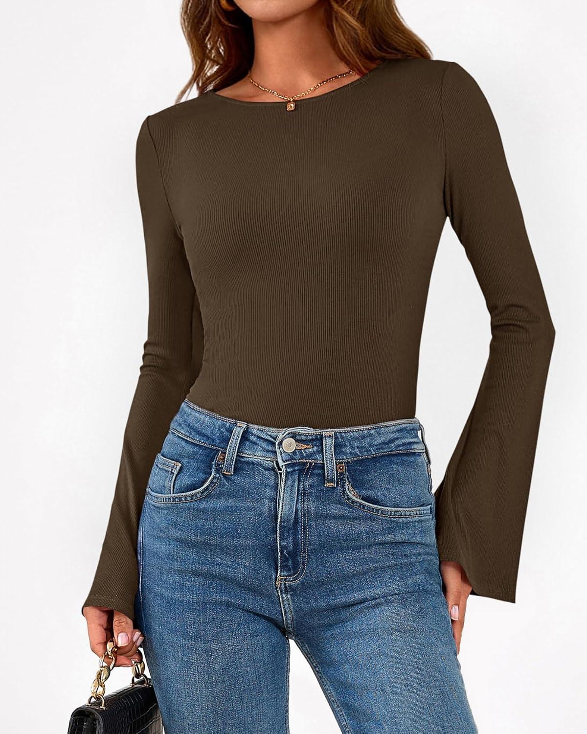 imageBTFBM Long Sleeve Shirts for Women 2026 Spring Y2K Clothes Casual Boat Neck Bell Sleeve Fitted Fall Going Out TopsBrown