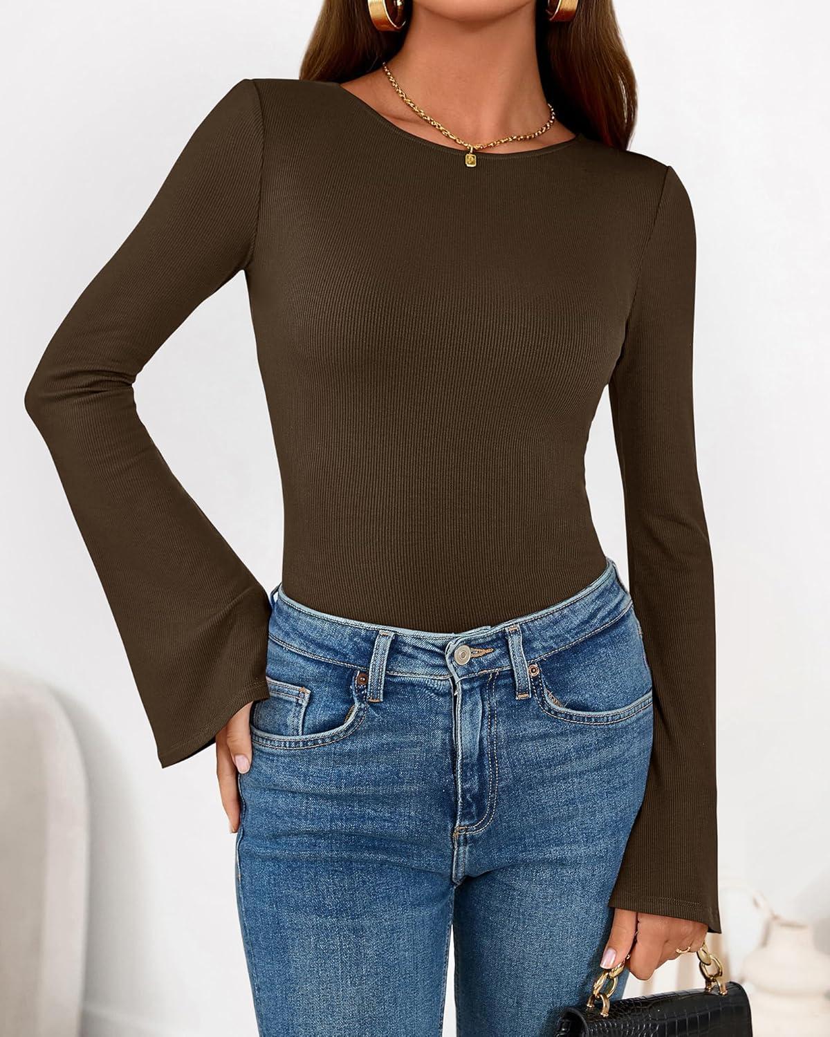 imageBTFBM Long Sleeve Shirts for Women 2026 Spring Y2K Clothes Casual Boat Neck Bell Sleeve Fitted Fall Going Out TopsBrown