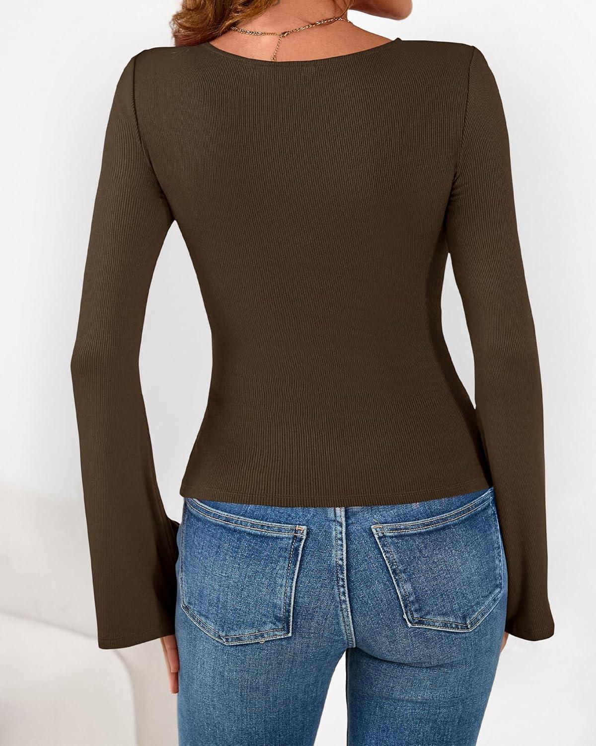 imageBTFBM Long Sleeve Shirts for Women 2026 Spring Y2K Clothes Casual Boat Neck Bell Sleeve Fitted Fall Going Out TopsBrown