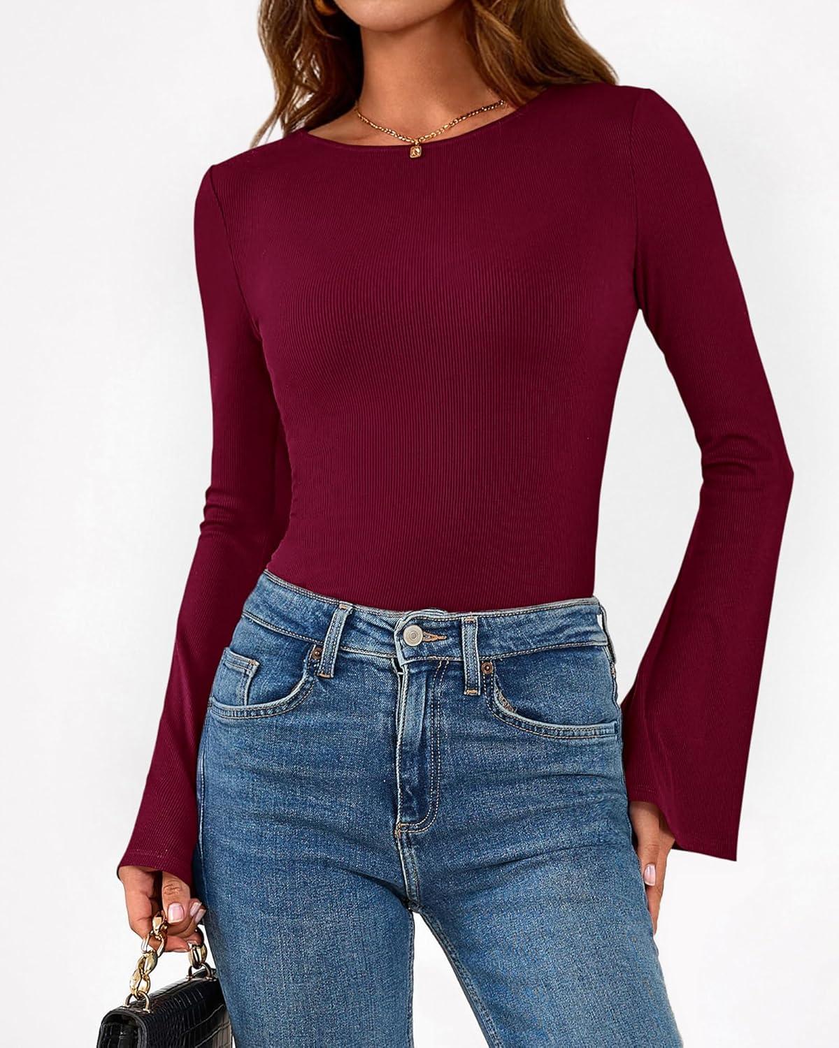 imageBTFBM Long Sleeve Shirts for Women 2026 Spring Y2K Clothes Casual Boat Neck Bell Sleeve Fitted Fall Going Out TopsBurgundy