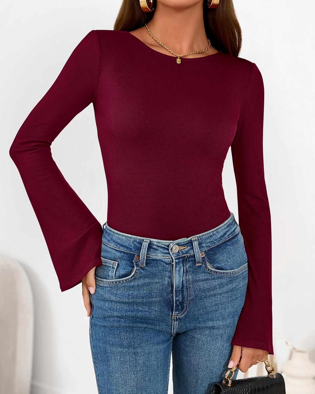 imageBTFBM Long Sleeve Shirts for Women 2026 Spring Y2K Clothes Casual Boat Neck Bell Sleeve Fitted Fall Going Out TopsBurgundy