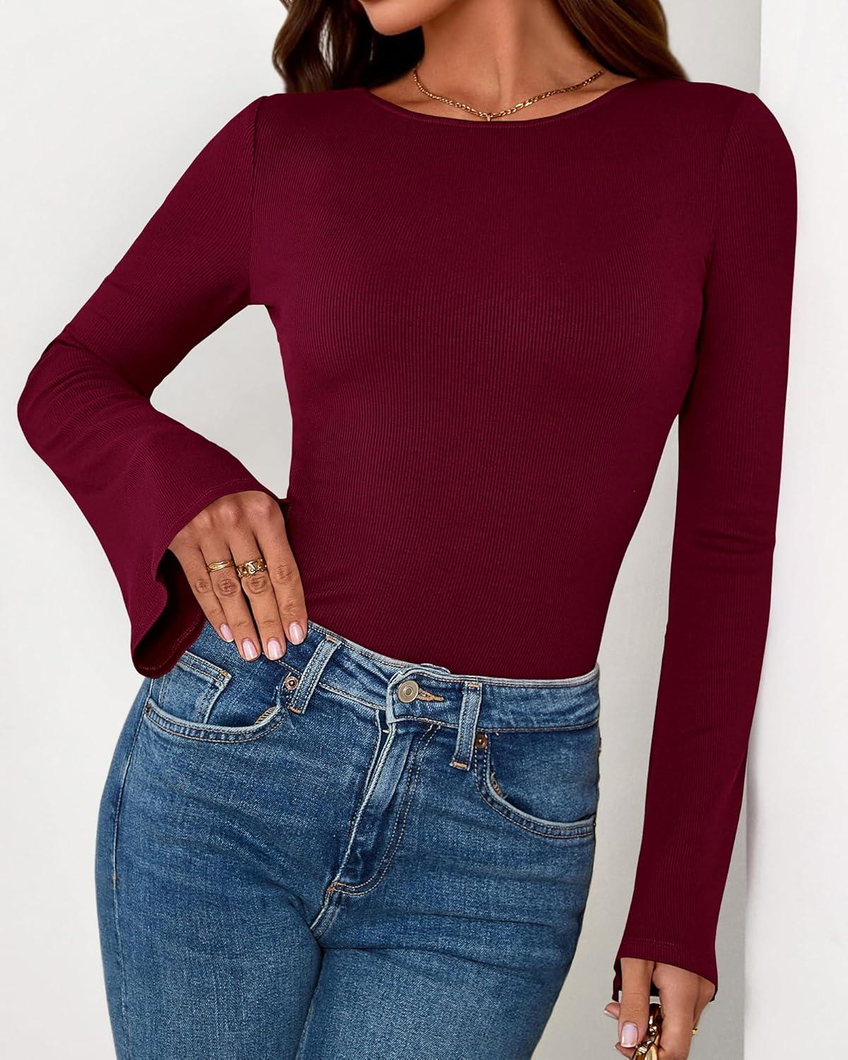 imageBTFBM Long Sleeve Shirts for Women 2026 Spring Y2K Clothes Casual Boat Neck Bell Sleeve Fitted Fall Going Out TopsBurgundy