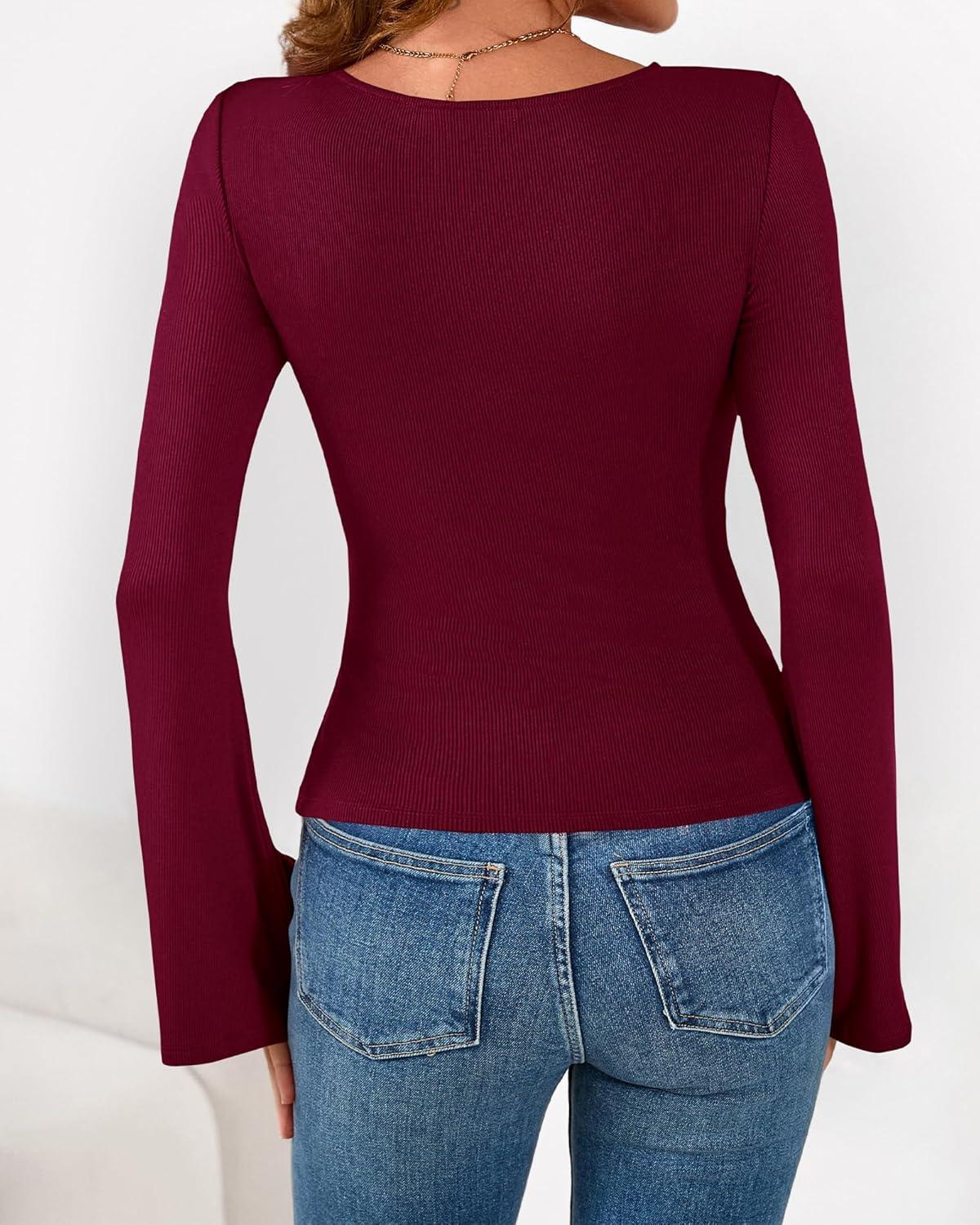 imageBTFBM Long Sleeve Shirts for Women 2026 Spring Y2K Clothes Casual Boat Neck Bell Sleeve Fitted Fall Going Out TopsBurgundy