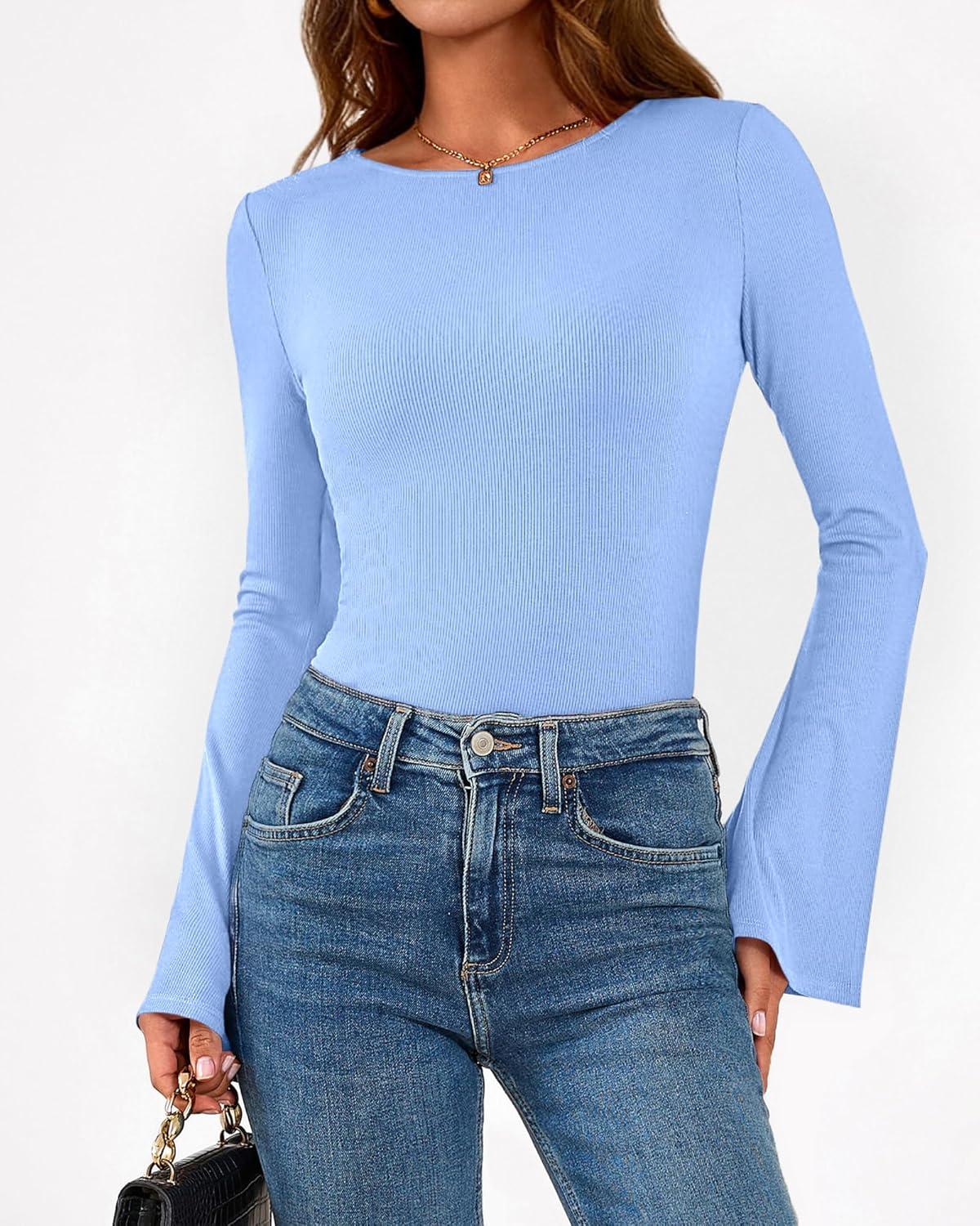 imageBTFBM Long Sleeve Shirts for Women 2026 Spring Y2K Clothes Casual Boat Neck Bell Sleeve Fitted Fall Going Out TopsLight Blue