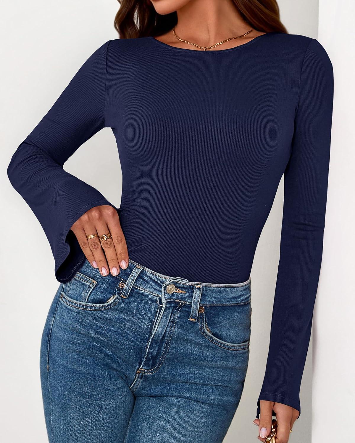 imageBTFBM Long Sleeve Shirts for Women 2026 Spring Y2K Clothes Casual Boat Neck Bell Sleeve Fitted Fall Going Out TopsNavy Blue