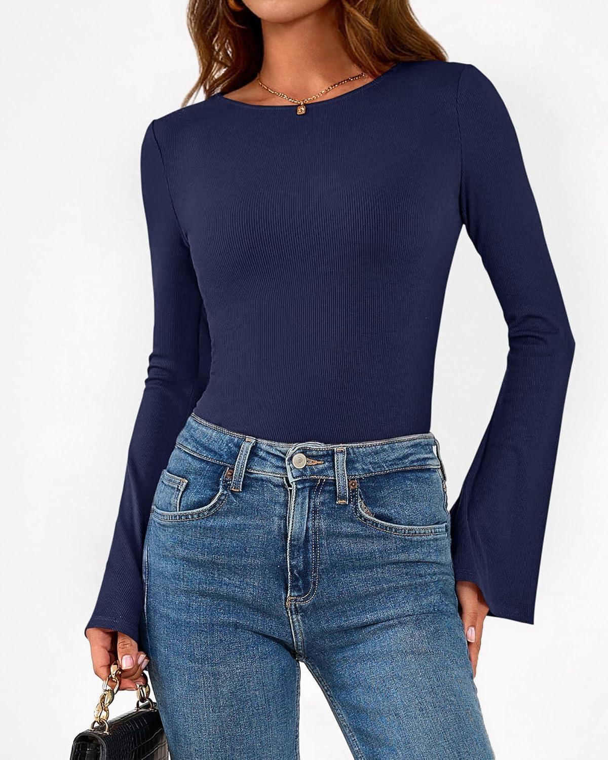 imageBTFBM Long Sleeve Shirts for Women 2026 Spring Y2K Clothes Casual Boat Neck Bell Sleeve Fitted Fall Going Out TopsNavy Blue