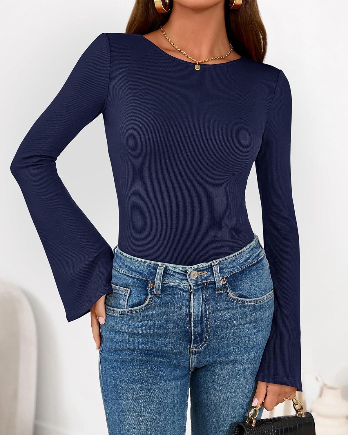 imageBTFBM Long Sleeve Shirts for Women 2026 Spring Y2K Clothes Casual Boat Neck Bell Sleeve Fitted Fall Going Out TopsNavy Blue