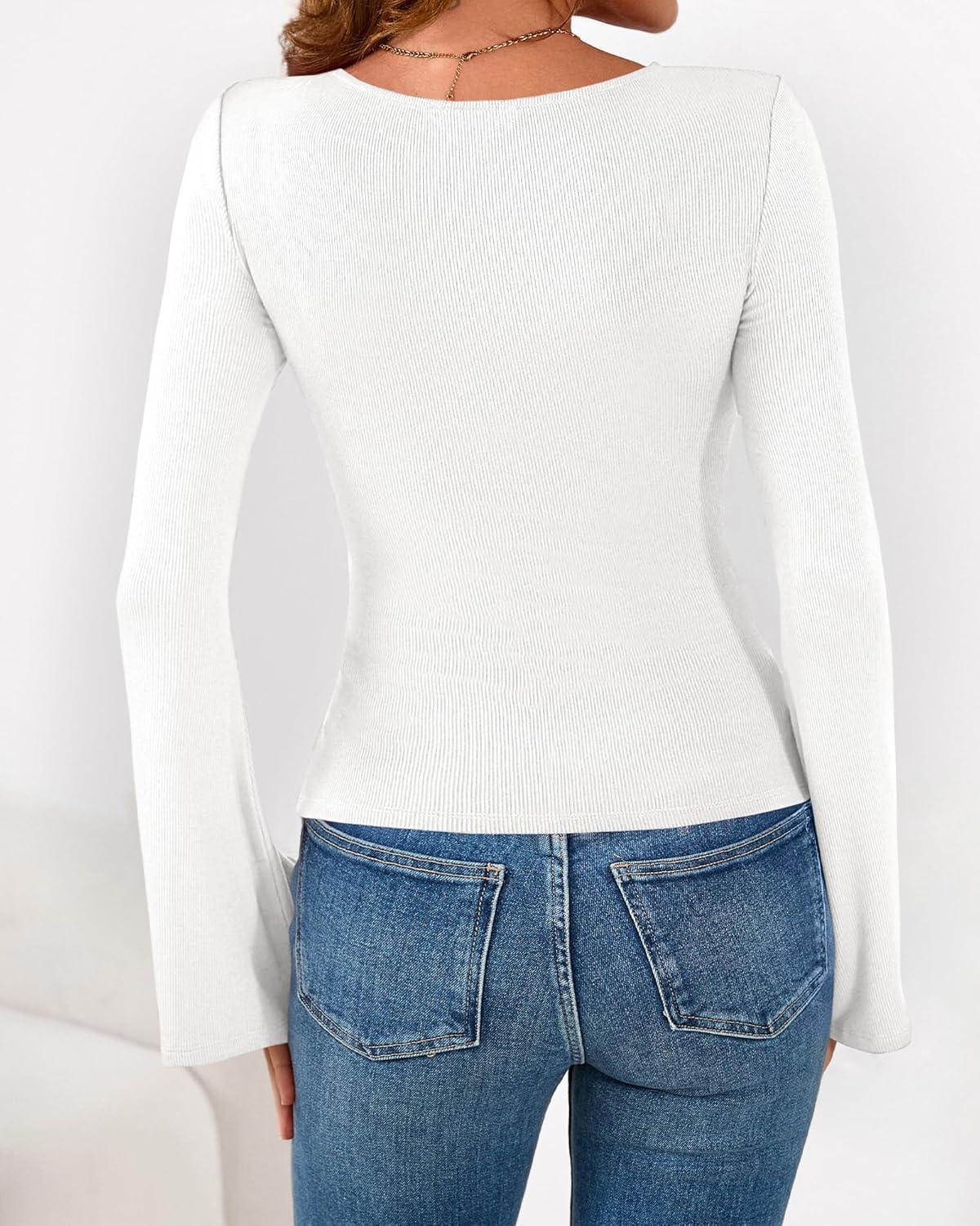 imageBTFBM Long Sleeve Shirts for Women 2026 Spring Y2K Clothes Casual Boat Neck Bell Sleeve Fitted Fall Going Out TopsWhite