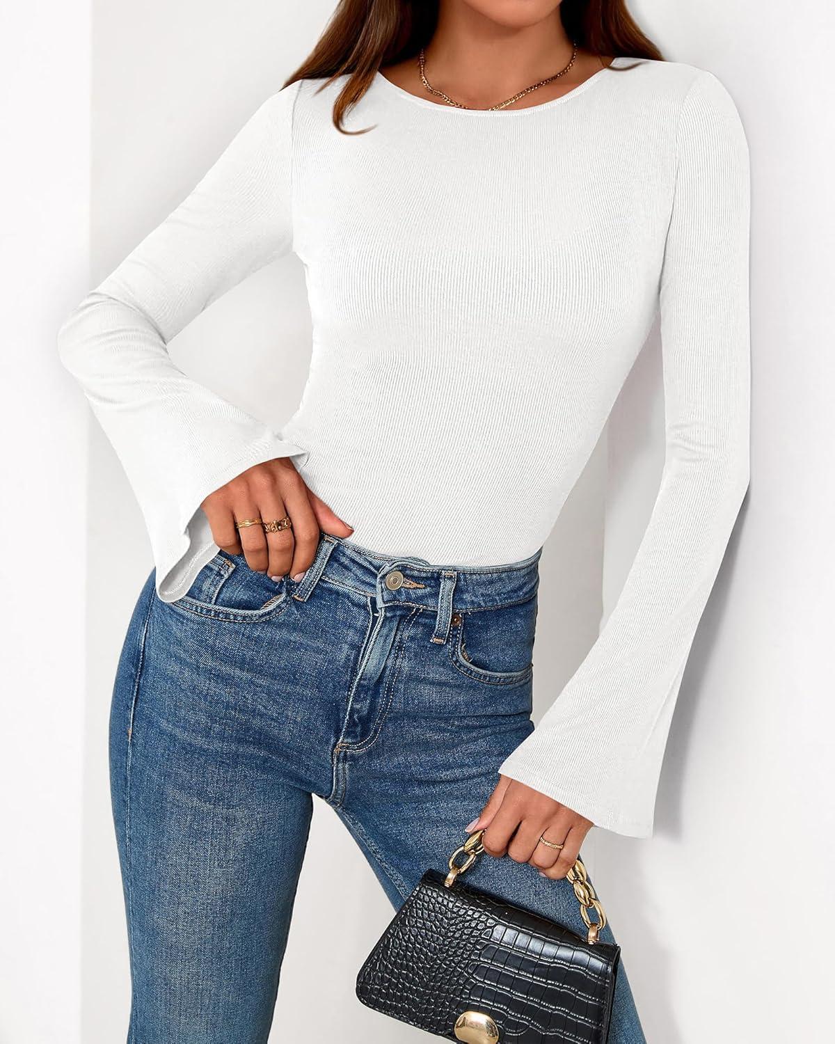 imageBTFBM Long Sleeve Shirts for Women 2026 Spring Y2K Clothes Casual Boat Neck Bell Sleeve Fitted Fall Going Out TopsWhite