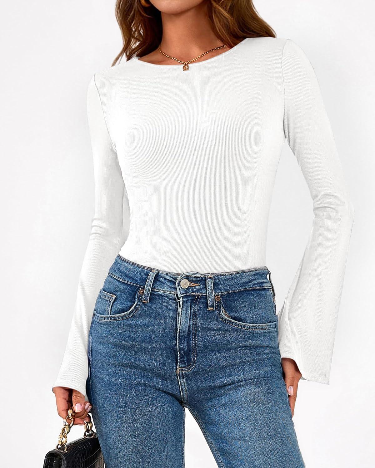 imageBTFBM Long Sleeve Shirts for Women 2026 Spring Y2K Clothes Casual Boat Neck Bell Sleeve Fitted Fall Going Out TopsWhite
