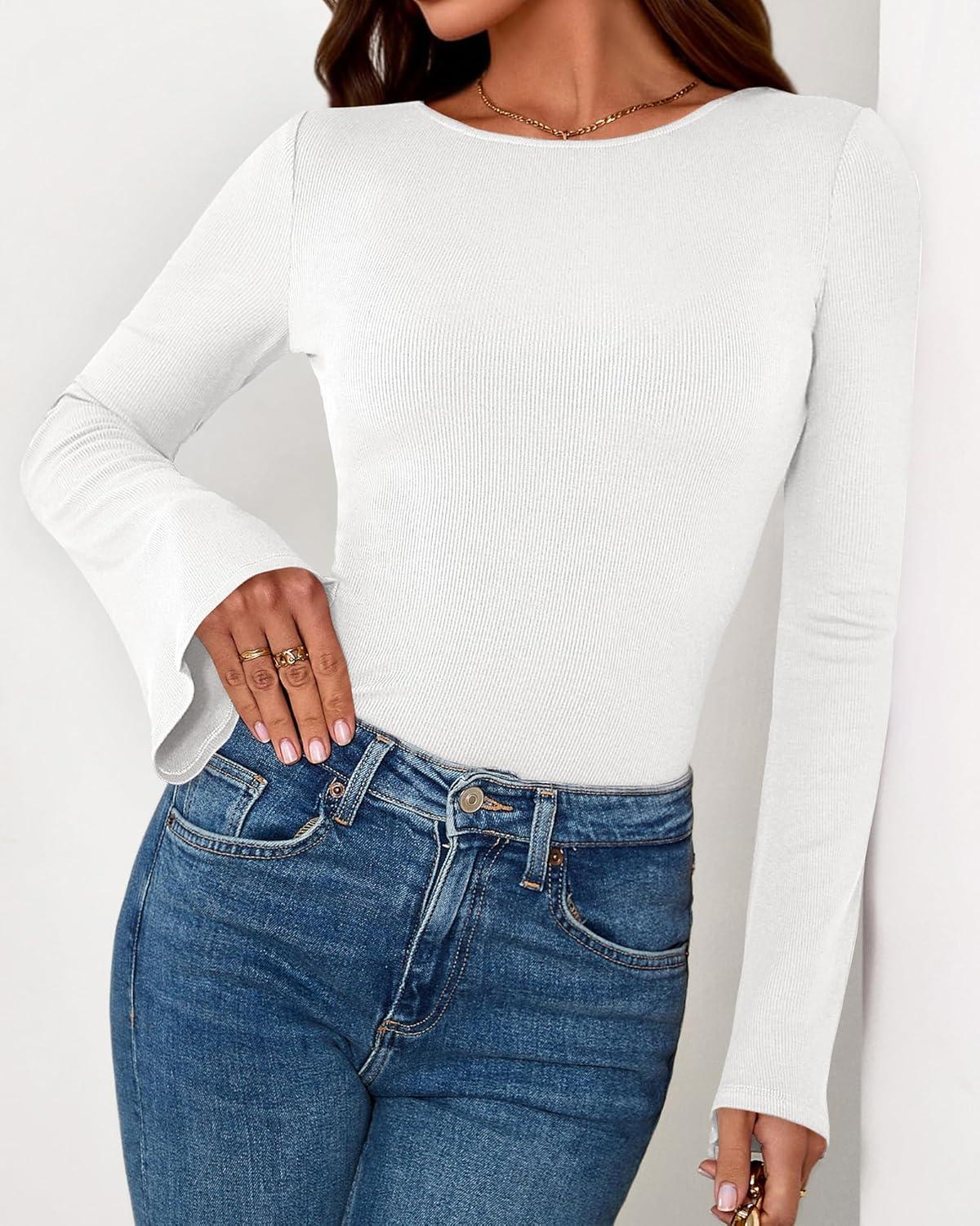 imageBTFBM Long Sleeve Shirts for Women 2026 Spring Y2K Clothes Casual Boat Neck Bell Sleeve Fitted Fall Going Out TopsWhite