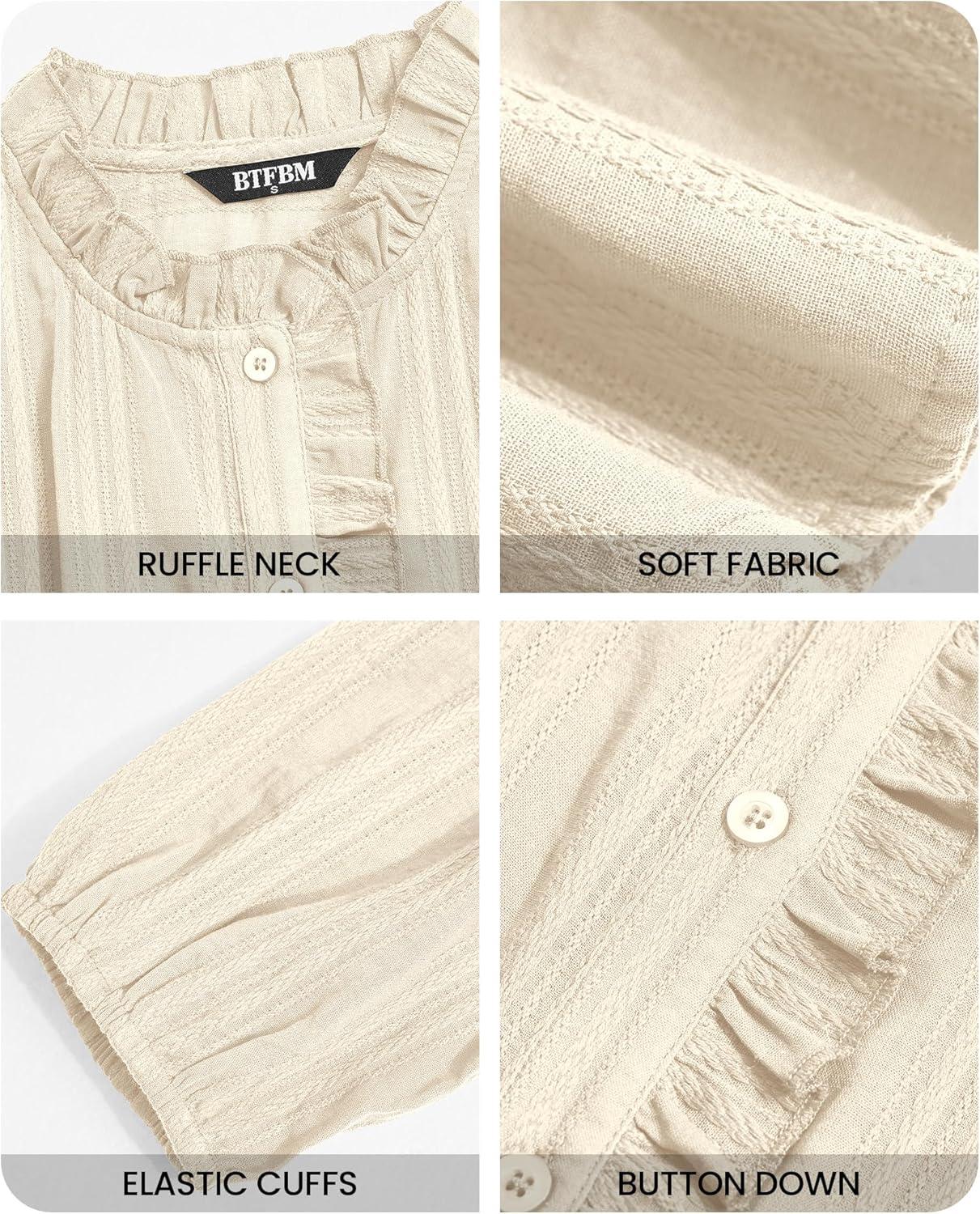 imageBTFBM Long Sleeve Shirts for Women Trendy Ruffle Tops Lightweight Button Down Shirt Loose Spring Blouses 2026Beige White