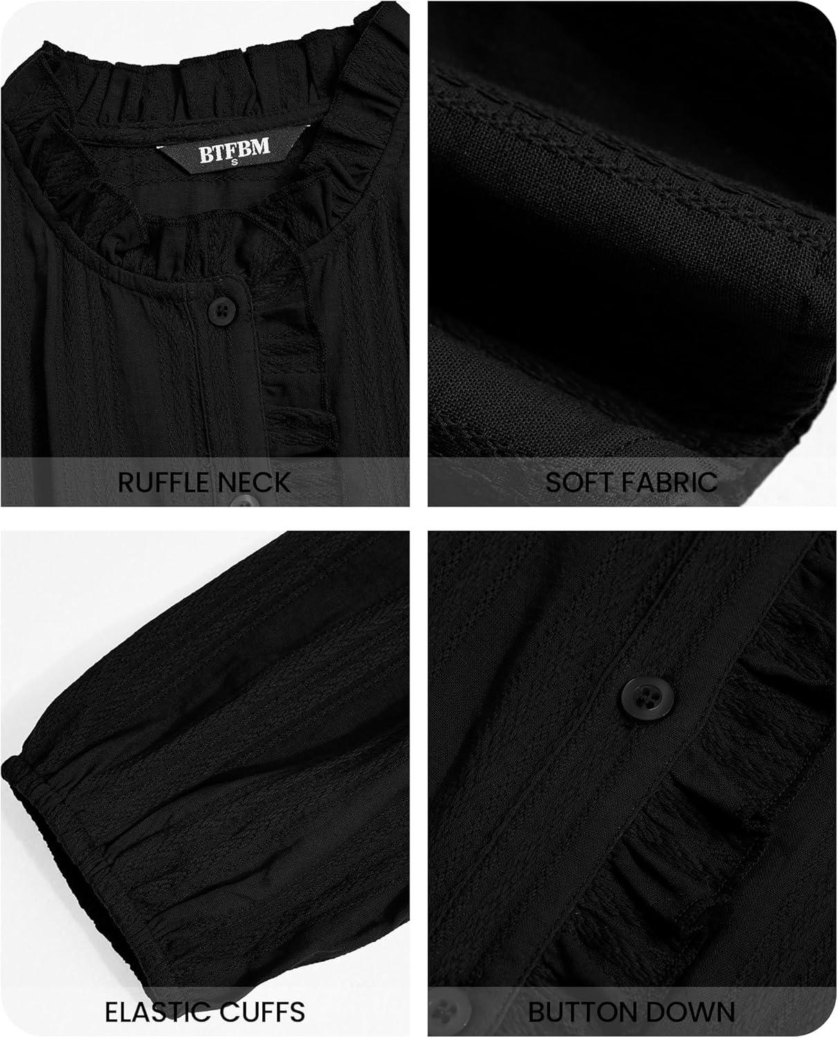 imageBTFBM Long Sleeve Shirts for Women Trendy Ruffle Tops Lightweight Button Down Shirt Loose Spring Blouses 2026Black