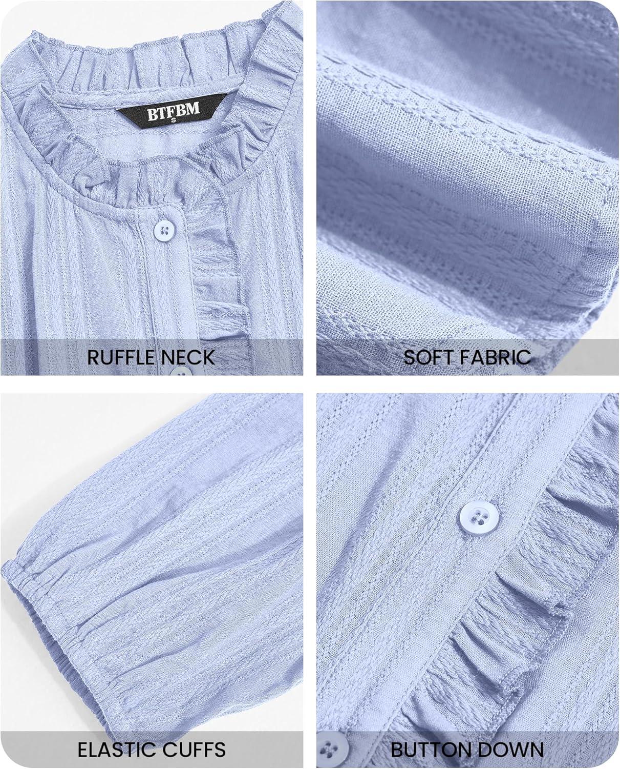 imageBTFBM Long Sleeve Shirts for Women Trendy Ruffle Tops Lightweight Button Down Shirt Loose Spring Blouses 2026Blue