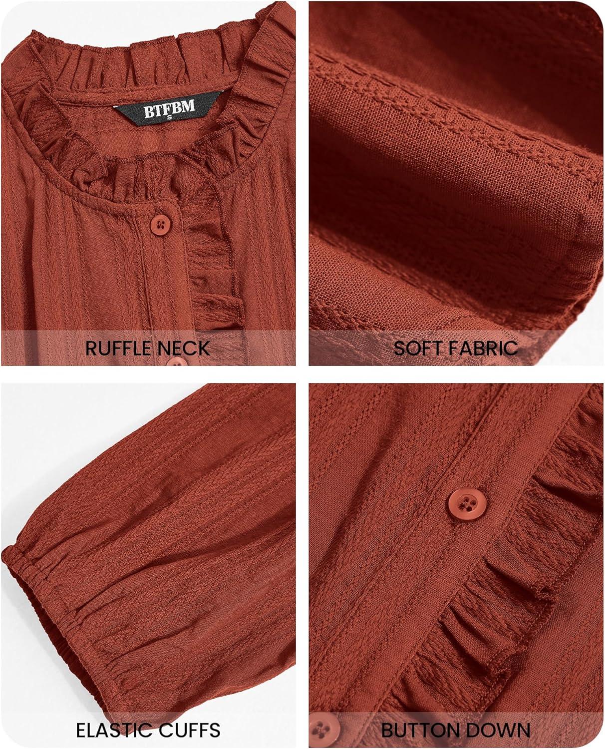 imageBTFBM Long Sleeve Shirts for Women Trendy Ruffle Tops Lightweight Button Down Shirt Loose Spring Blouses 2026Brick Red