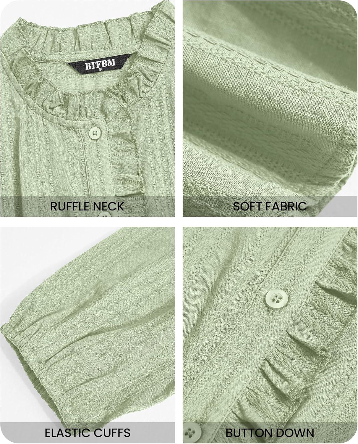 imageBTFBM Long Sleeve Shirts for Women Trendy Ruffle Tops Lightweight Button Down Shirt Loose Spring Blouses 2026Green