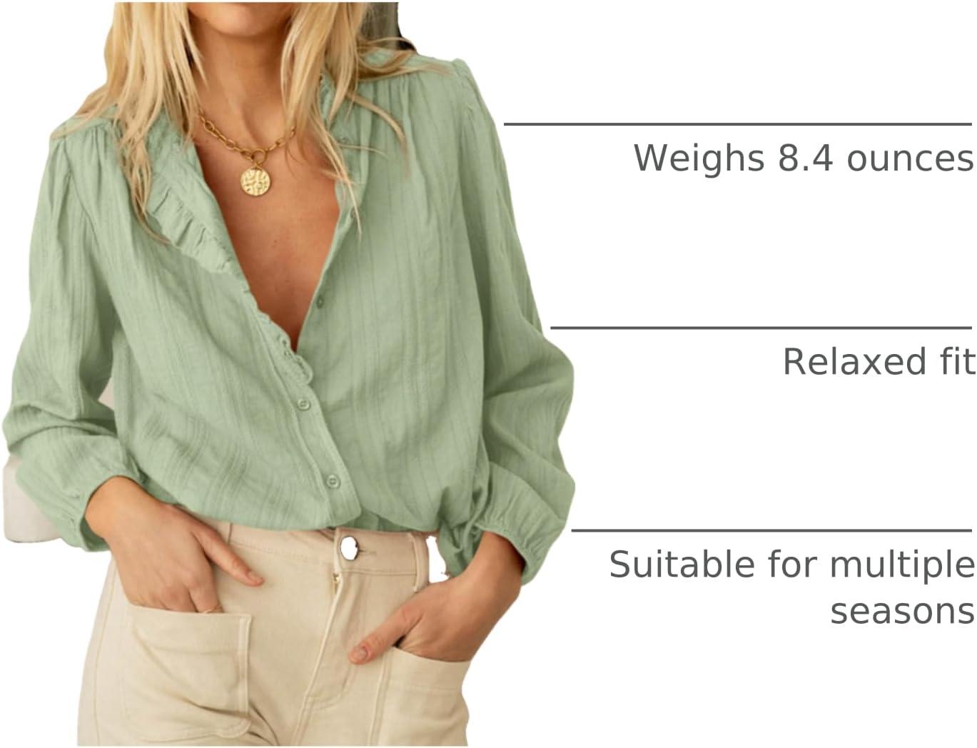 imageBTFBM Long Sleeve Shirts for Women Trendy Ruffle Tops Lightweight Button Down Shirt Loose Spring Blouses 2026Green