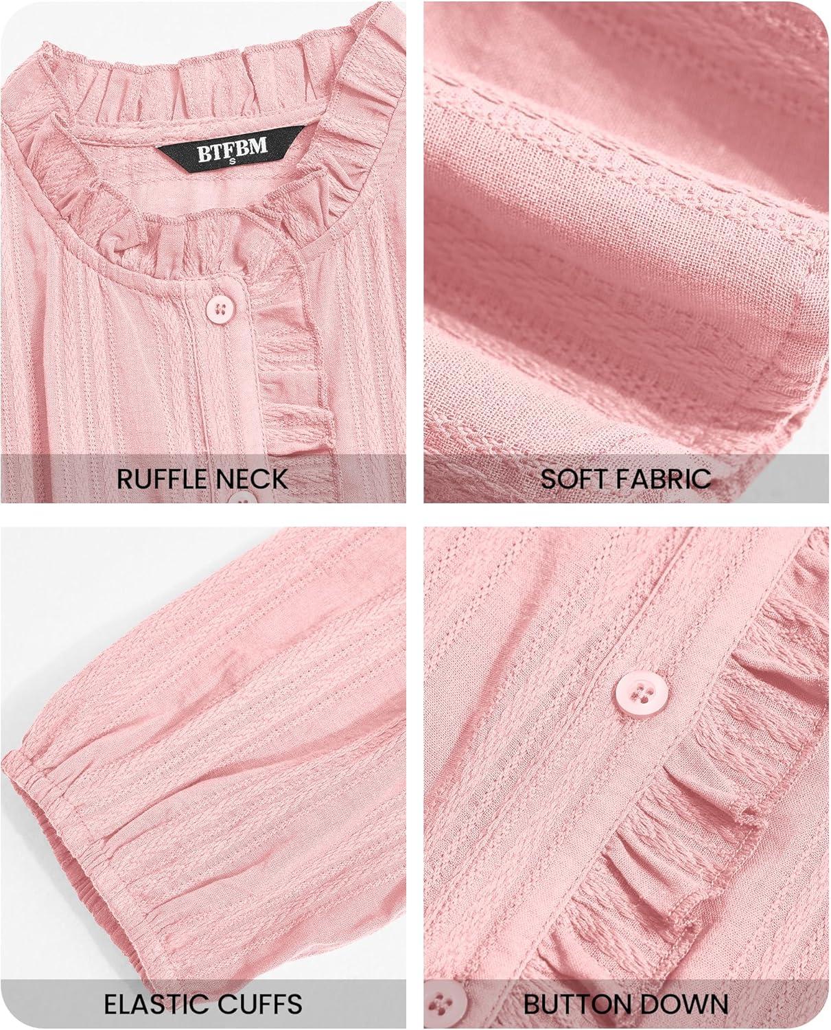 imageBTFBM Long Sleeve Shirts for Women Trendy Ruffle Tops Lightweight Button Down Shirt Loose Spring Blouses 2026Pink