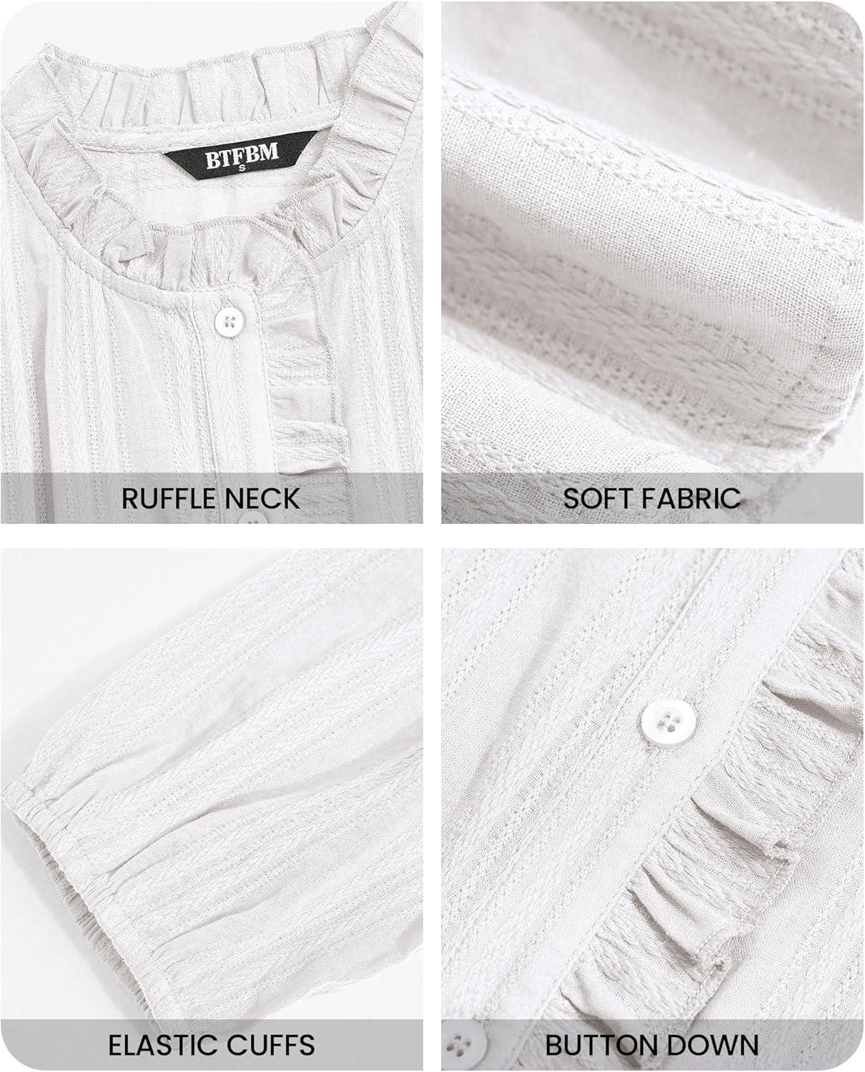 imageBTFBM Long Sleeve Shirts for Women Trendy Ruffle Tops Lightweight Button Down Shirt Loose Spring Blouses 2026White