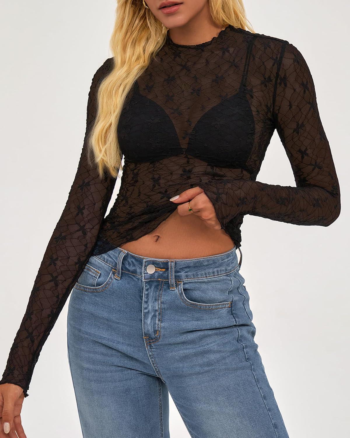 imageBTFBM Mesh Lace Tops Long Sleeve Shirts for Women 2026 Spring Fall See Through Crew Neck Slim Fitted Party Club OutfitsBlack
