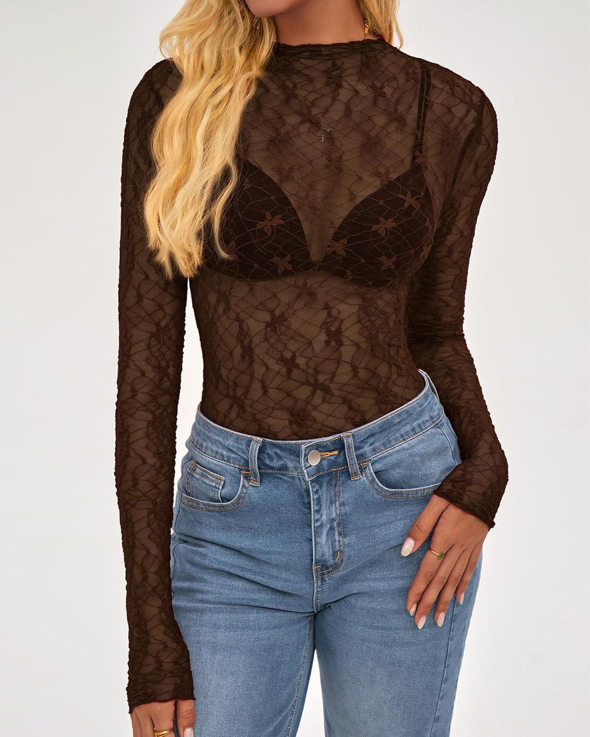 imageBTFBM Mesh Lace Tops Long Sleeve Shirts for Women 2026 Spring Fall See Through Crew Neck Slim Fitted Party Club OutfitsBrown