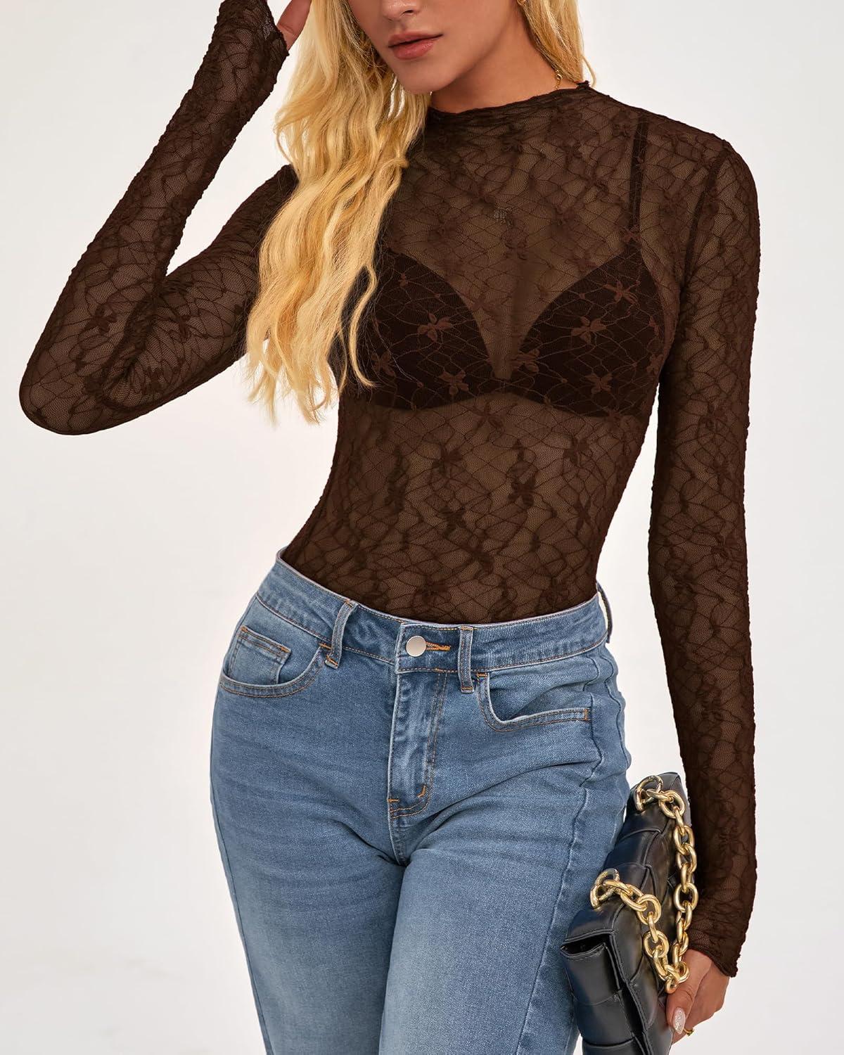 imageBTFBM Mesh Lace Tops Long Sleeve Shirts for Women 2026 Spring Fall See Through Crew Neck Slim Fitted Party Club OutfitsBrown