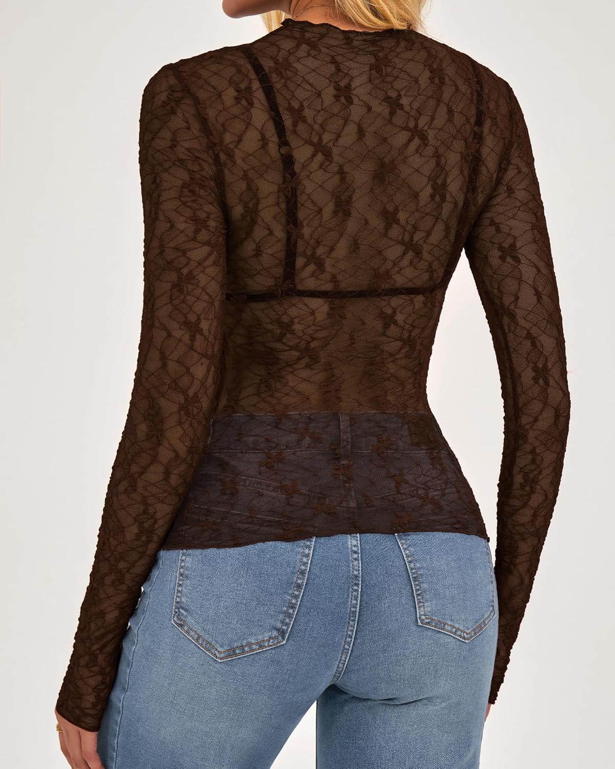 imageBTFBM Mesh Lace Tops Long Sleeve Shirts for Women 2026 Spring Fall See Through Crew Neck Slim Fitted Party Club OutfitsBrown