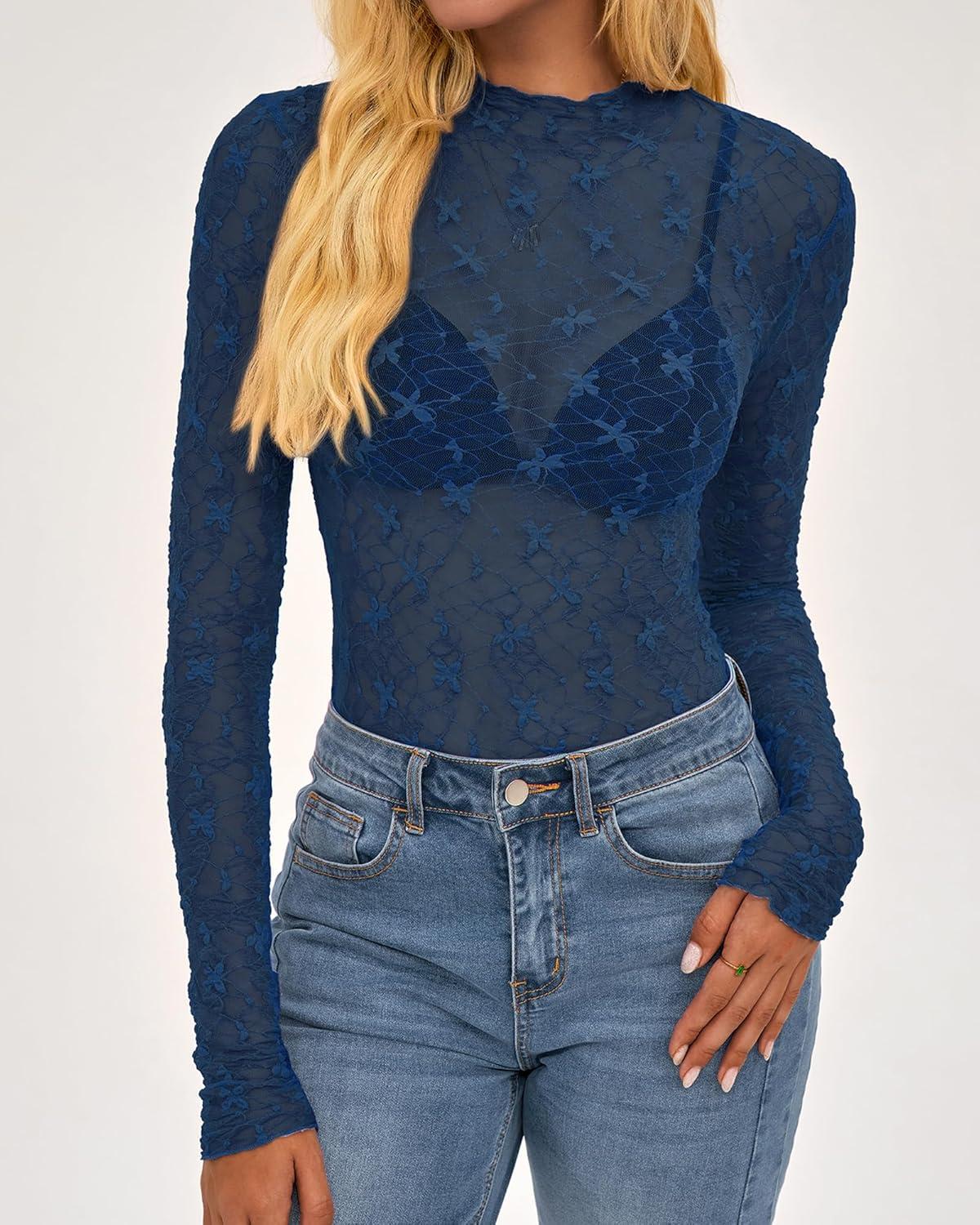 imageBTFBM Mesh Lace Tops Long Sleeve Shirts for Women 2026 Spring Fall See Through Crew Neck Slim Fitted Party Club OutfitsDark Blue