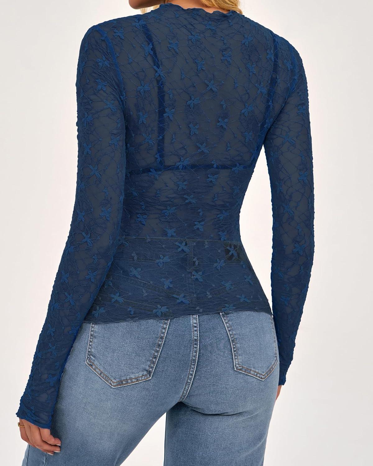 imageBTFBM Mesh Lace Tops Long Sleeve Shirts for Women 2026 Spring Fall See Through Crew Neck Slim Fitted Party Club OutfitsDark Blue