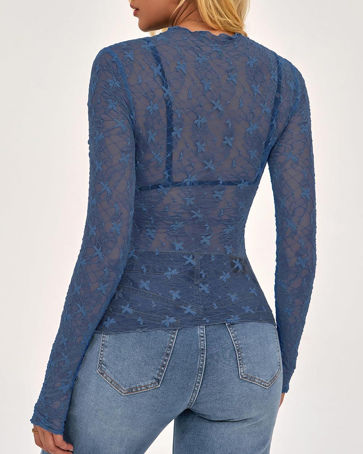 imageBTFBM Mesh Lace Tops Long Sleeve Shirts for Women 2026 Spring Fall See Through Crew Neck Slim Fitted Party Club OutfitsGrey Blue