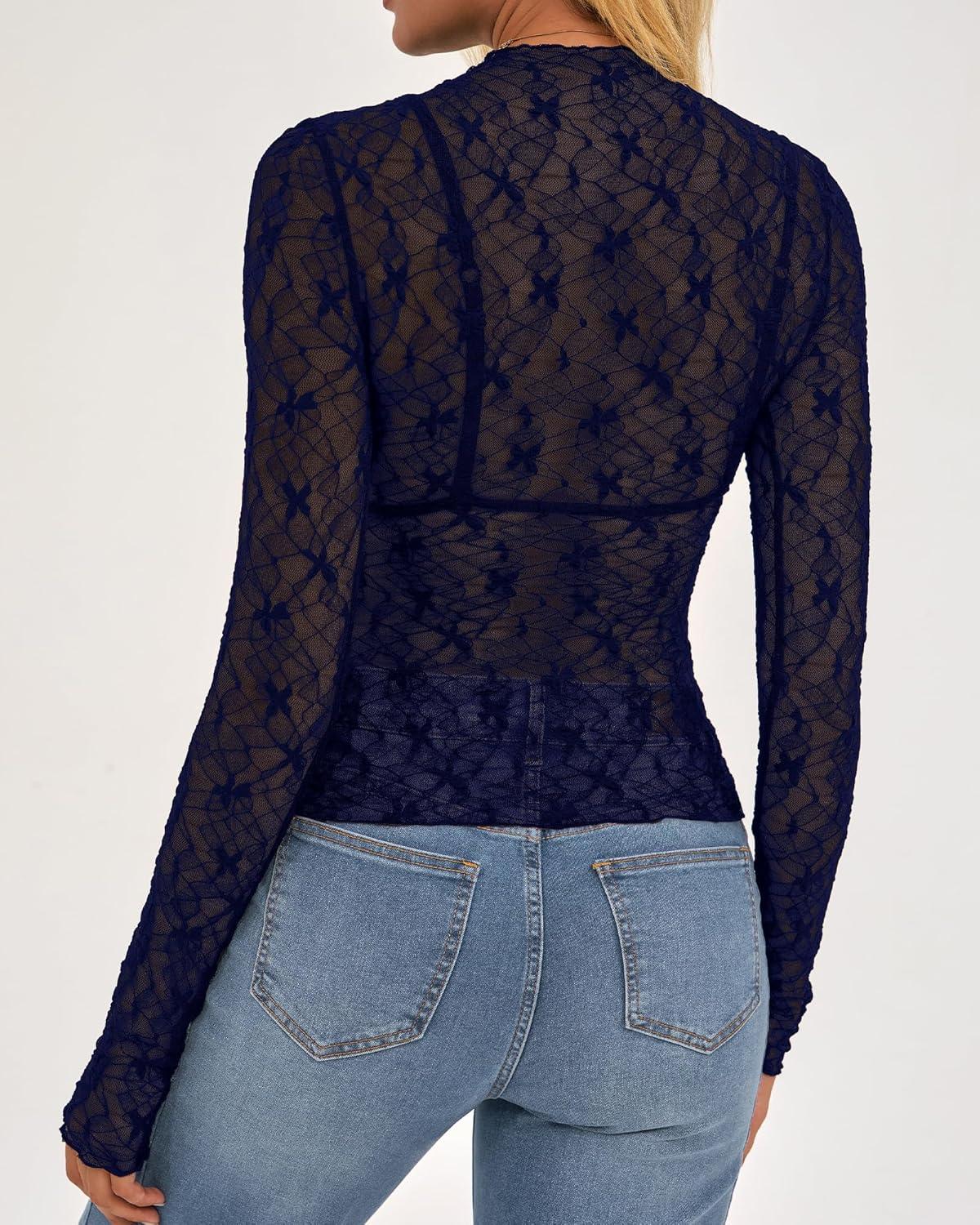 imageBTFBM Mesh Lace Tops Long Sleeve Shirts for Women 2026 Spring Fall See Through Crew Neck Slim Fitted Party Club OutfitsNavy Blue
