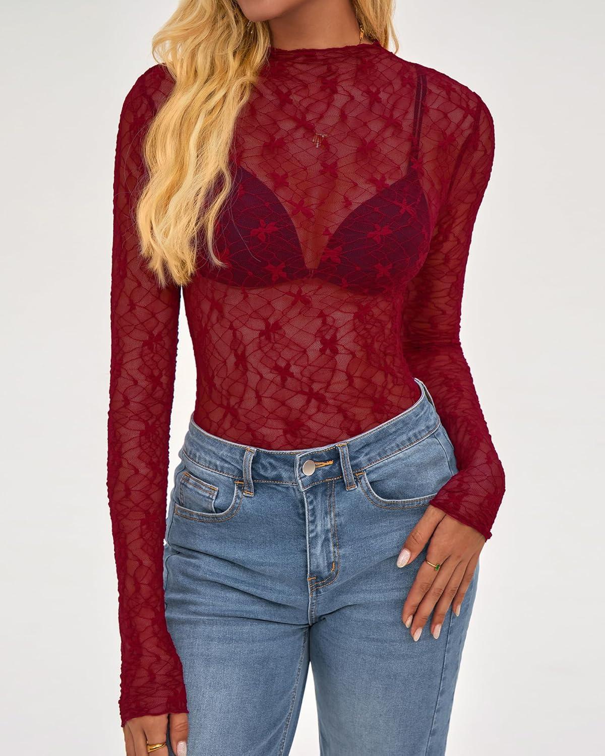 imageBTFBM Mesh Lace Tops Long Sleeve Shirts for Women 2026 Spring Fall See Through Crew Neck Slim Fitted Party Club OutfitsRed