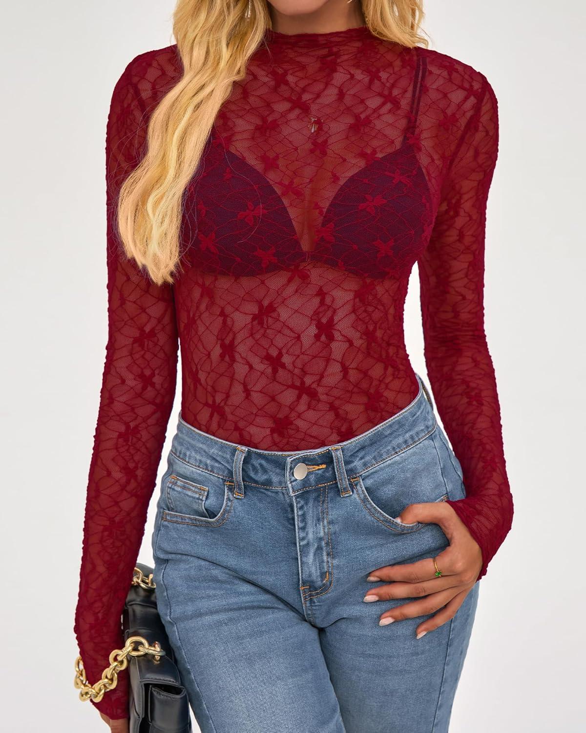 imageBTFBM Mesh Lace Tops Long Sleeve Shirts for Women 2026 Spring Fall See Through Crew Neck Slim Fitted Party Club OutfitsRed
