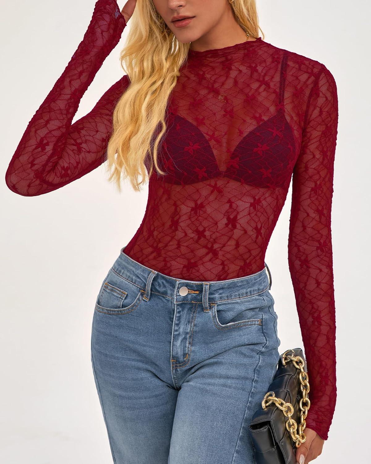 imageBTFBM Mesh Lace Tops Long Sleeve Shirts for Women 2026 Spring Fall See Through Crew Neck Slim Fitted Party Club OutfitsRed