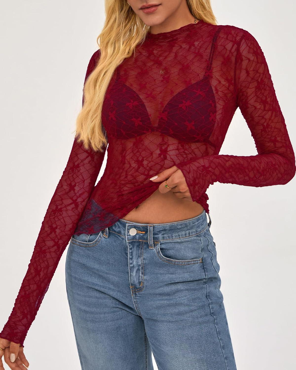 imageBTFBM Mesh Lace Tops Long Sleeve Shirts for Women 2026 Spring Fall See Through Crew Neck Slim Fitted Party Club OutfitsRed