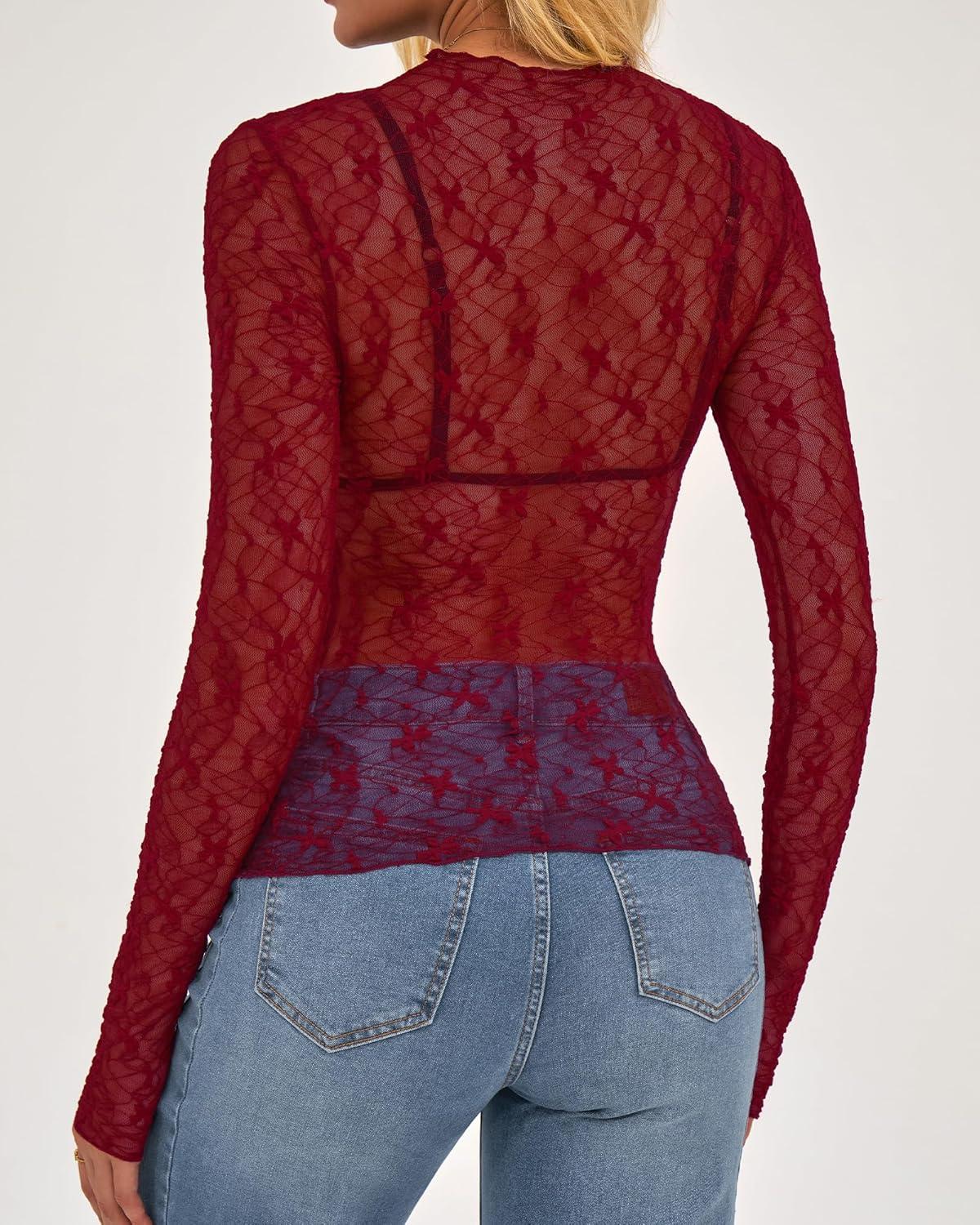 imageBTFBM Mesh Lace Tops Long Sleeve Shirts for Women 2026 Spring Fall See Through Crew Neck Slim Fitted Party Club OutfitsRed