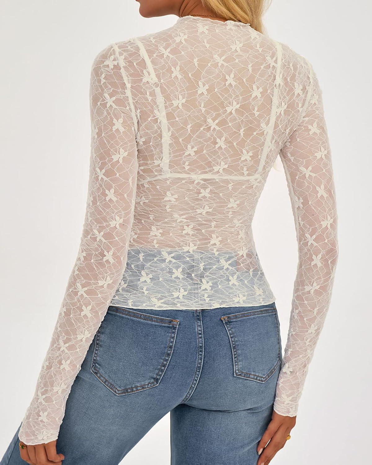 imageBTFBM Mesh Lace Tops Long Sleeve Shirts for Women 2026 Spring Fall See Through Crew Neck Slim Fitted Party Club OutfitsWhite