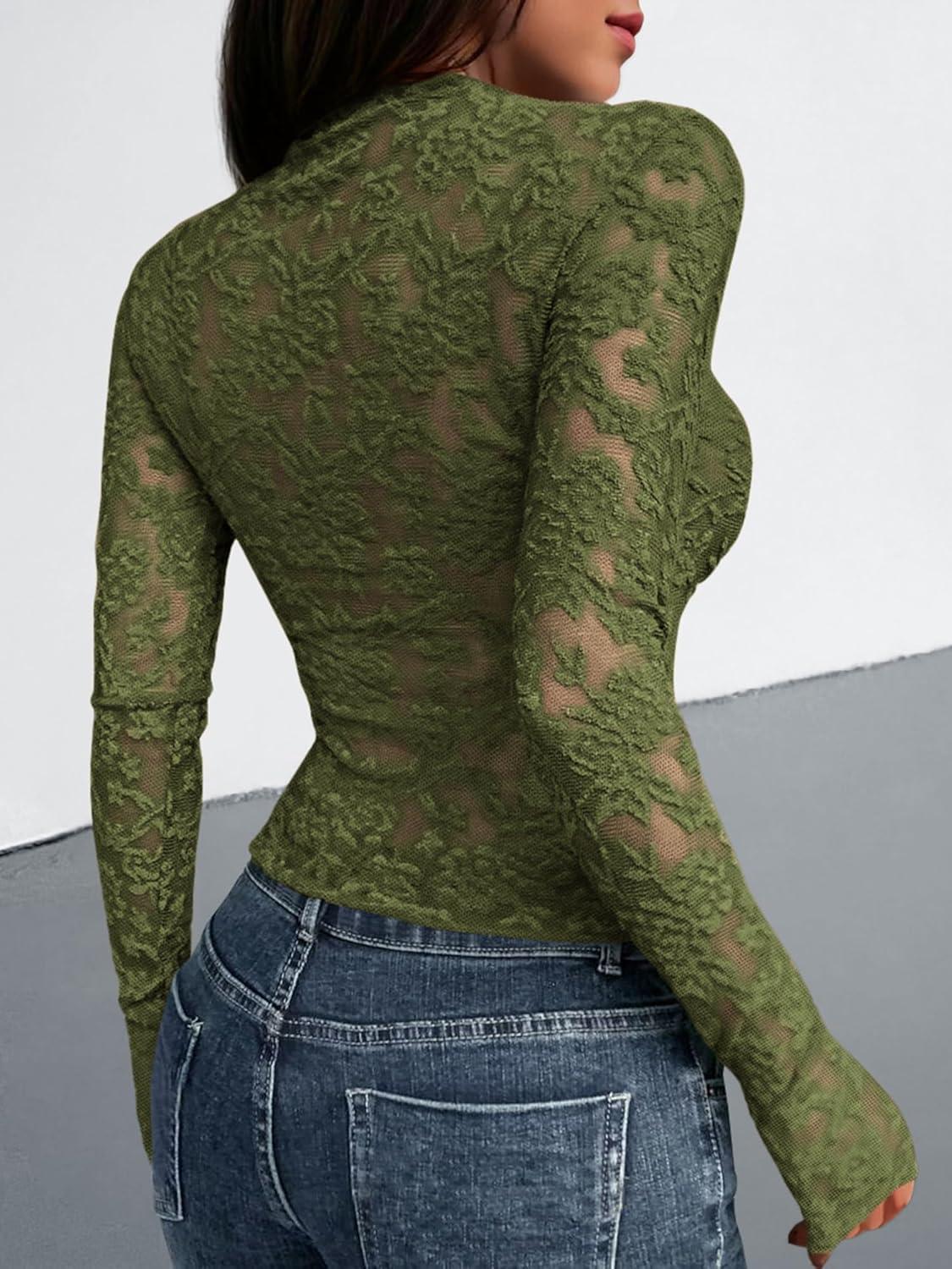 imageBTFBM Mesh Long Sleeve Tops for Women Lace Sexy Sheer Tight See Through Crew Neck Spring Fall 2026 Party Club OutfitsArmy Green