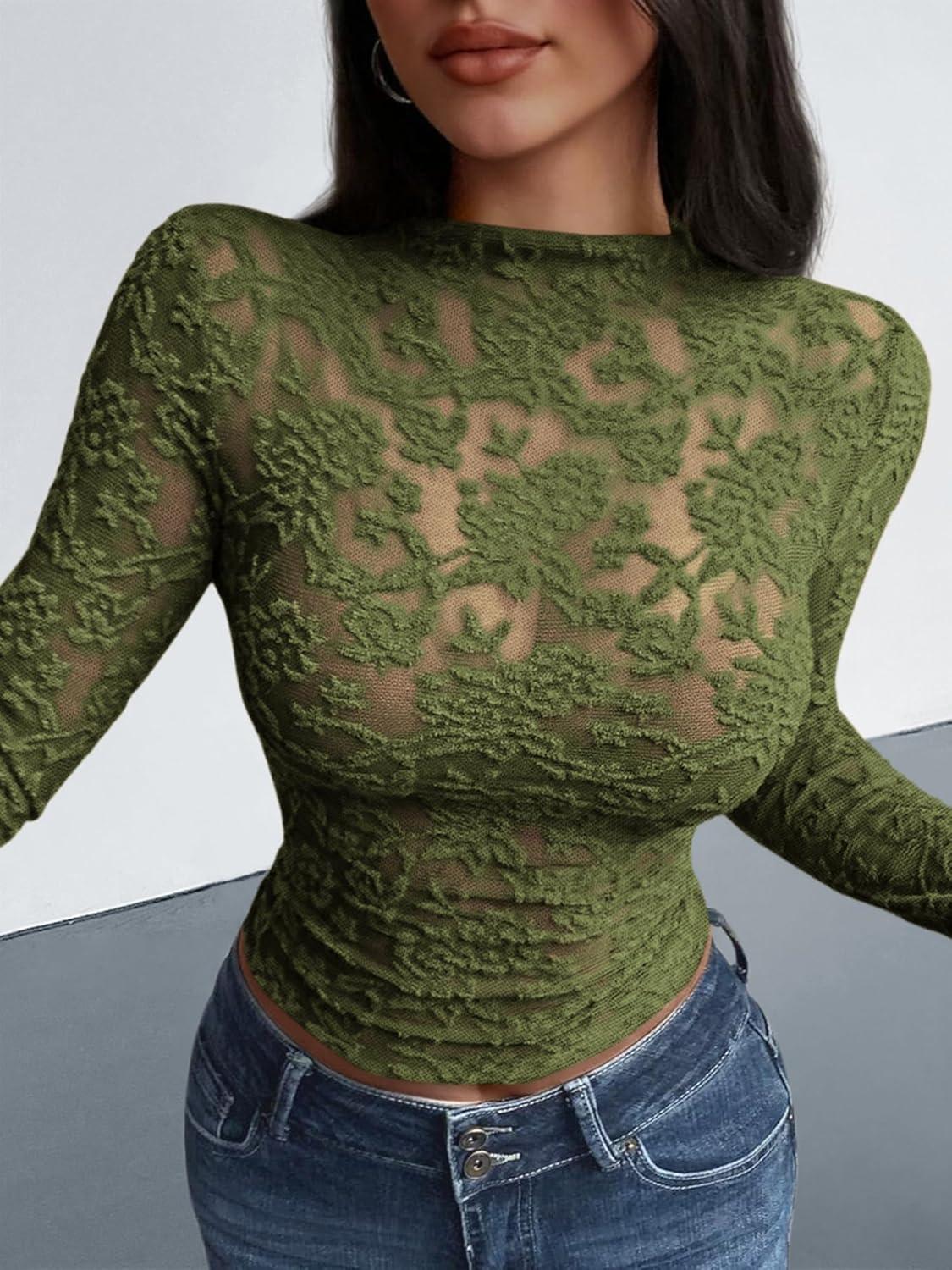 imageBTFBM Mesh Long Sleeve Tops for Women Lace Sexy Sheer Tight See Through Crew Neck Spring Fall 2026 Party Club OutfitsArmy Green