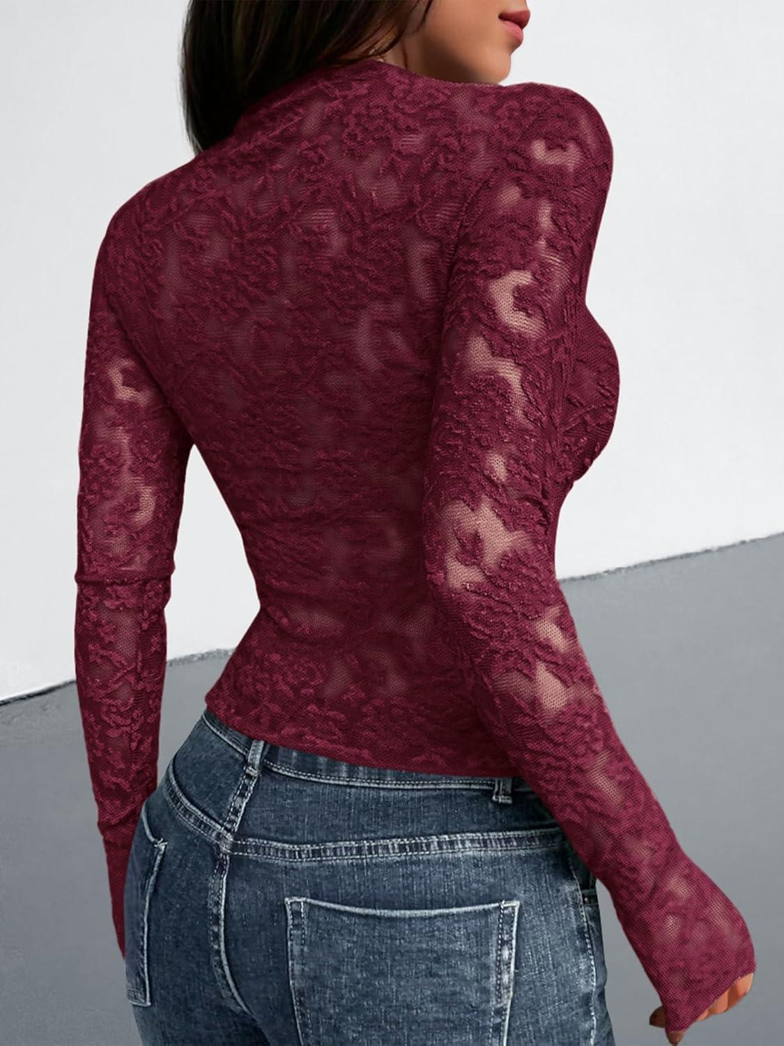imageBTFBM Mesh Long Sleeve Tops for Women Lace Sexy Sheer Tight See Through Crew Neck Spring Fall 2026 Party Club OutfitsBurgundy