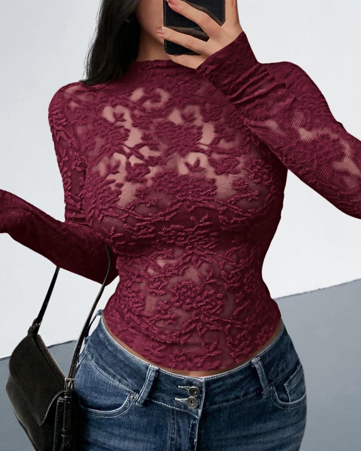 imageBTFBM Mesh Long Sleeve Tops for Women Lace Sexy Sheer Tight See Through Crew Neck Spring Fall 2026 Party Club OutfitsBurgundy