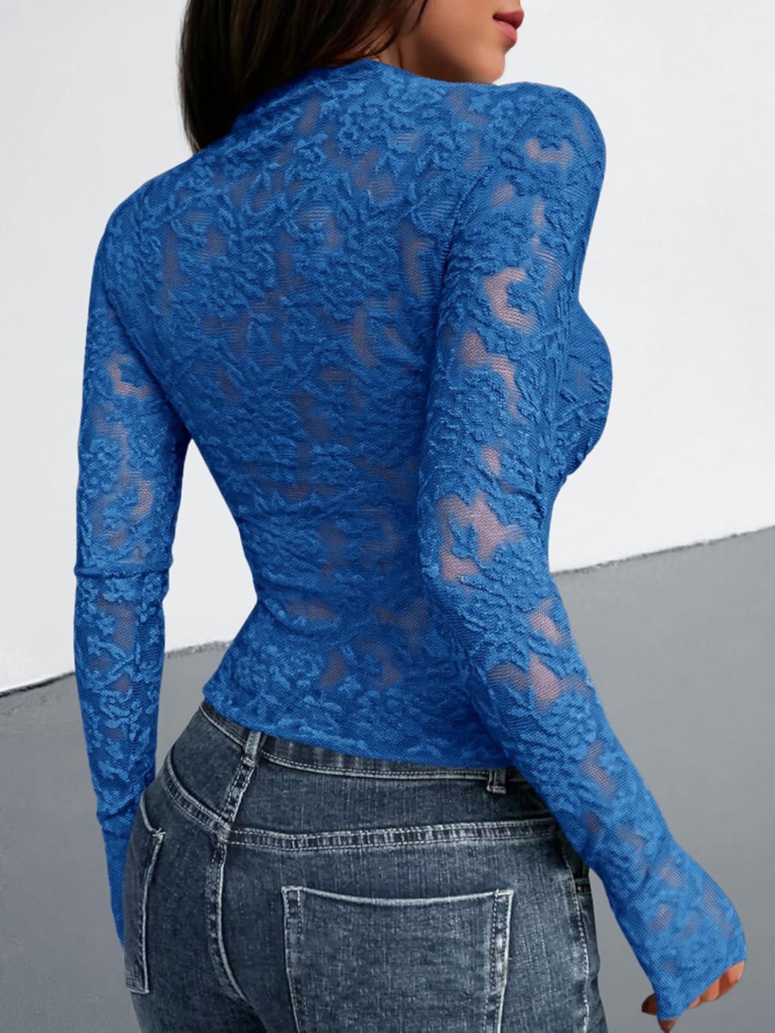 imageBTFBM Mesh Long Sleeve Tops for Women Lace Sexy Sheer Tight See Through Crew Neck Spring Fall 2026 Party Club OutfitsRoyal Blue