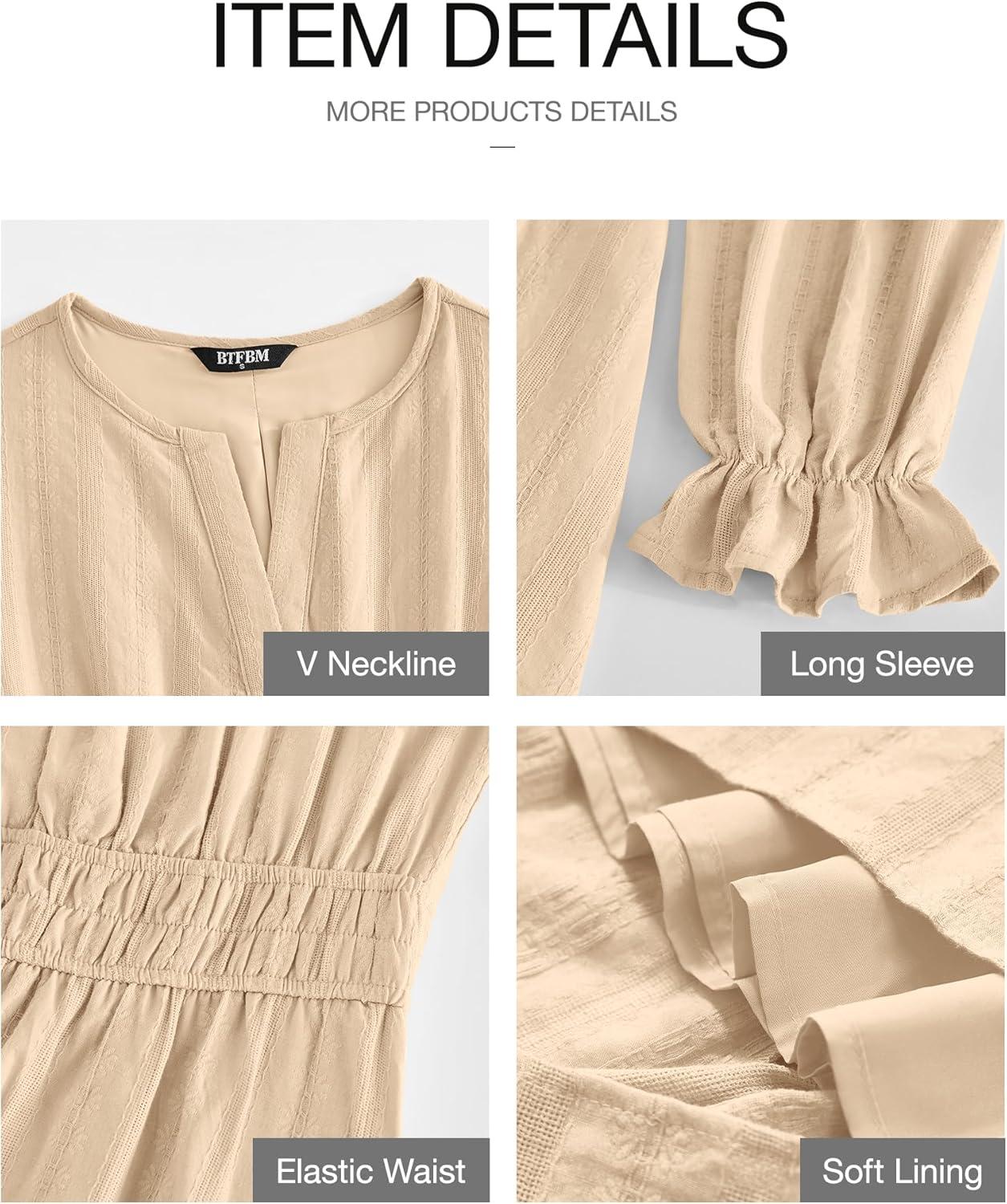 imageBTFBM Mini Dresses for Women 2025 Casual Lightweight Long Sleeve V Neck A Line Elastic Waist Party Holiday DressApricot