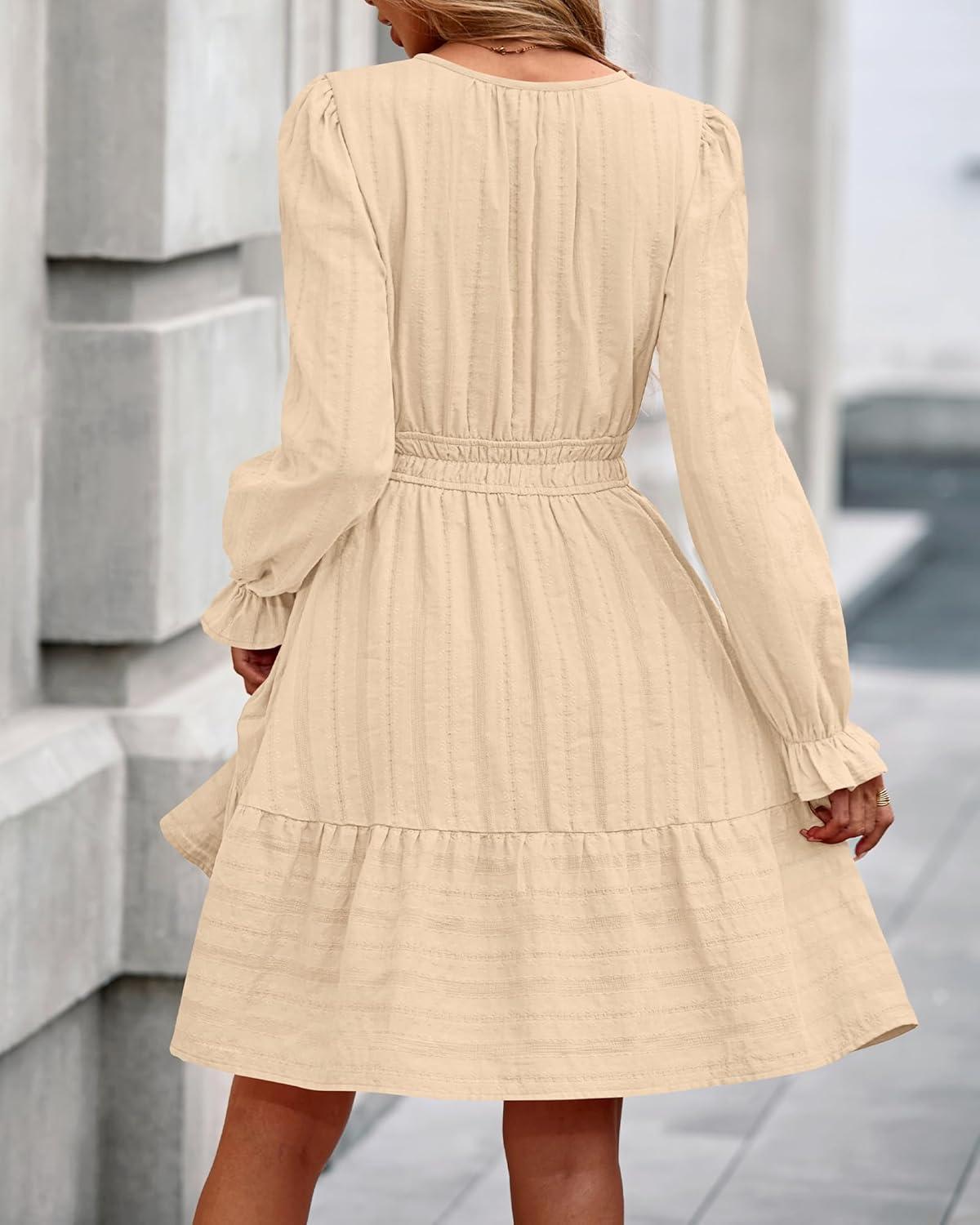 imageBTFBM Mini Dresses for Women 2025 Casual Lightweight Long Sleeve V Neck A Line Elastic Waist Party Holiday DressApricot