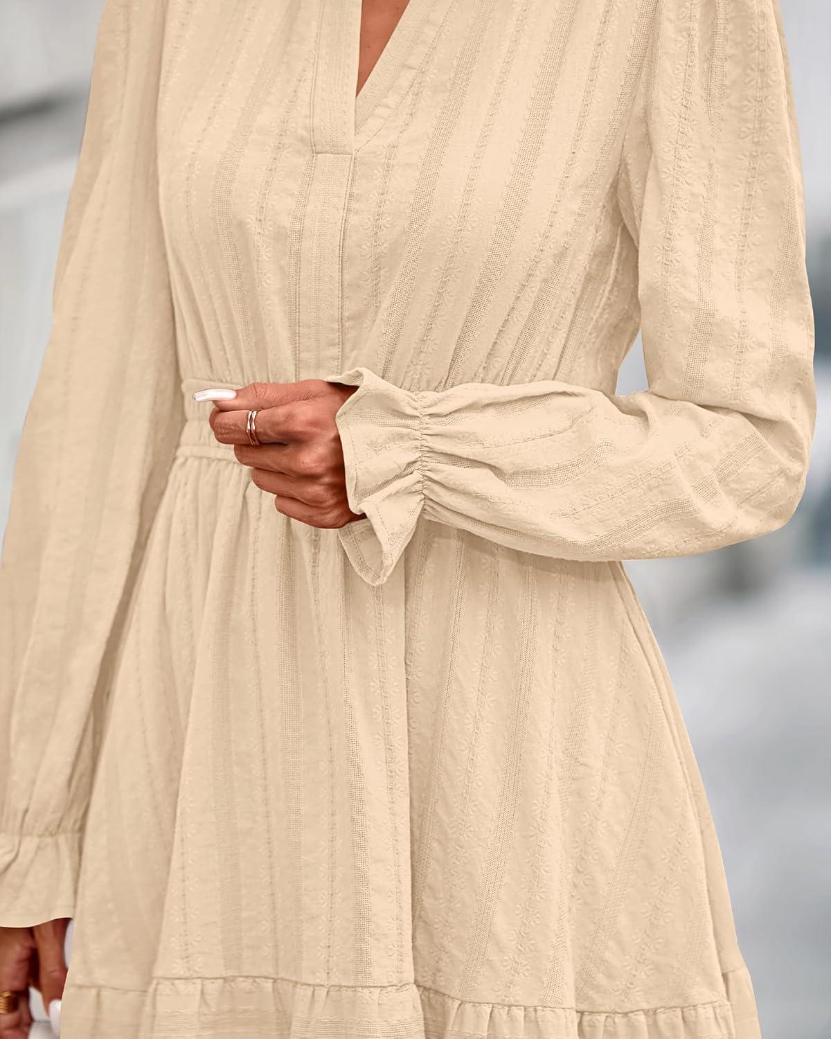 imageBTFBM Mini Dresses for Women 2025 Casual Lightweight Long Sleeve V Neck A Line Elastic Waist Party Holiday DressApricot