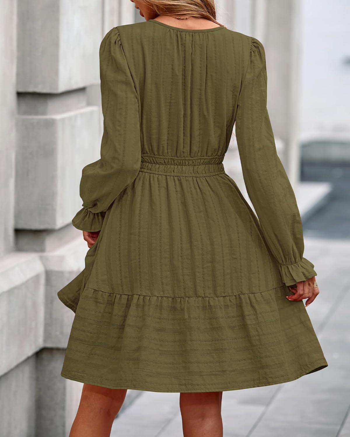 imageBTFBM Mini Dresses for Women 2025 Casual Lightweight Long Sleeve V Neck A Line Elastic Waist Party Holiday DressArmy Green