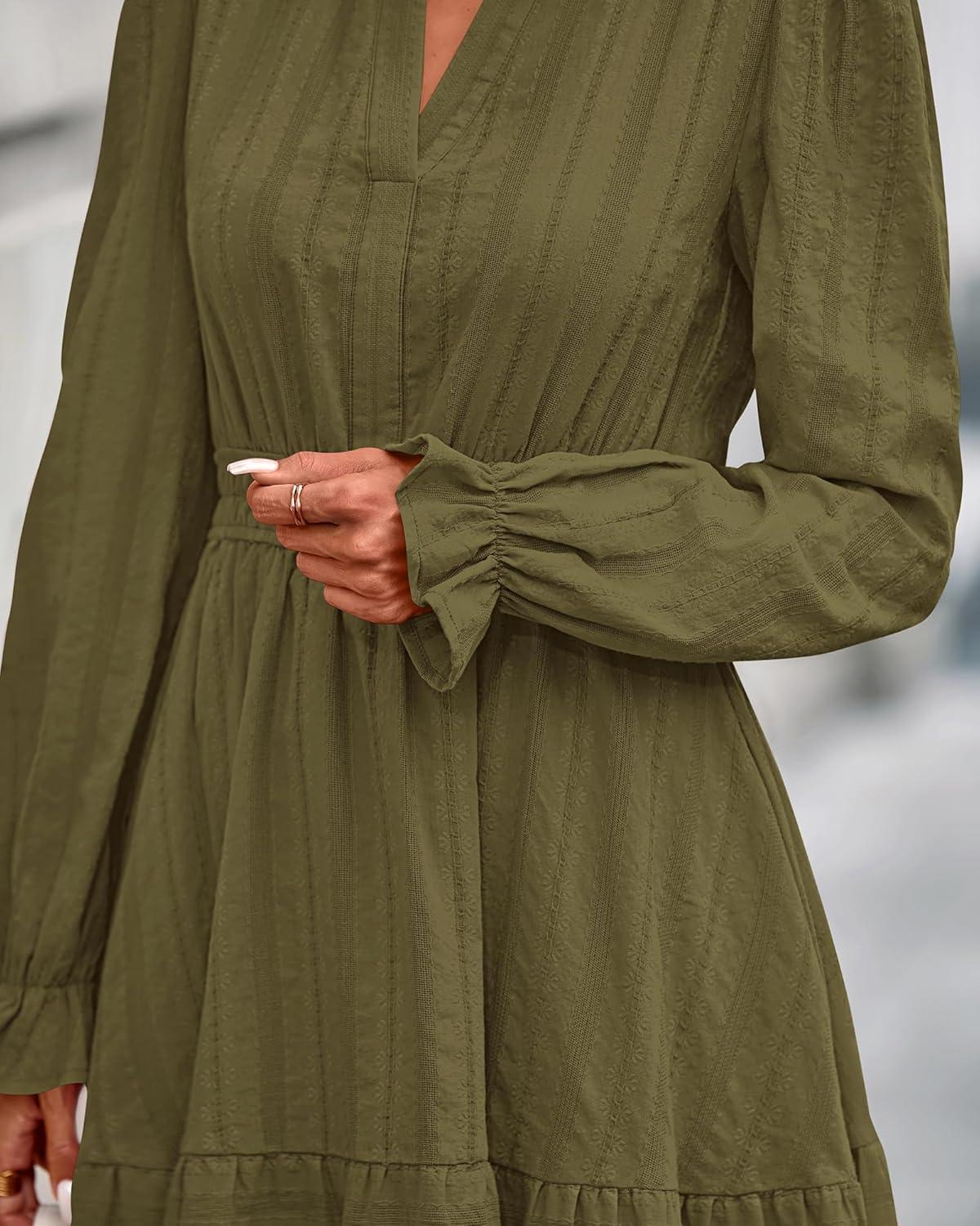 imageBTFBM Mini Dresses for Women 2025 Casual Lightweight Long Sleeve V Neck A Line Elastic Waist Party Holiday DressArmy Green